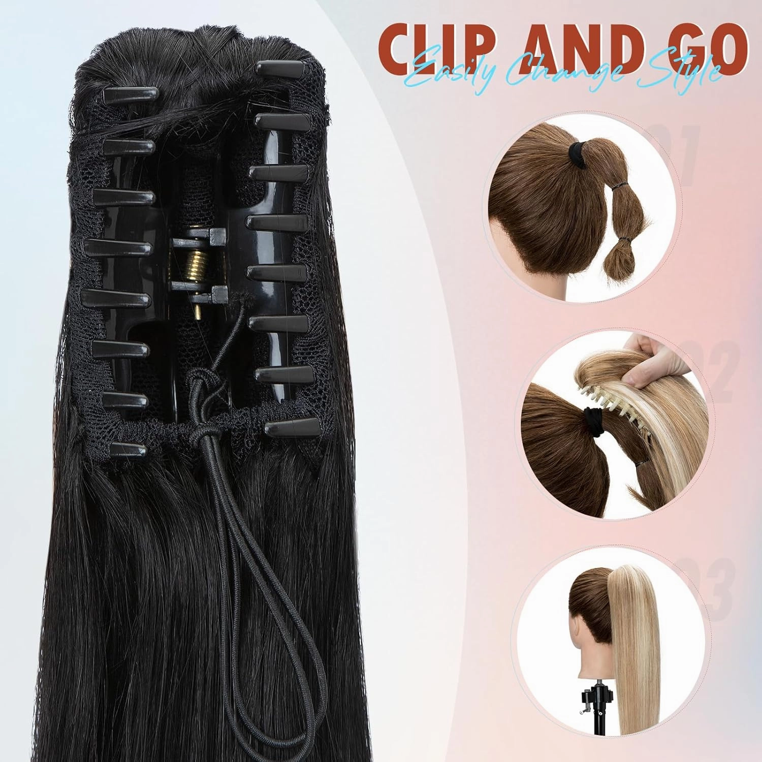 Hairro Ponytail Hair Extensions Claw Clip In Ponytails Jaw On Ponytail Extensions 100% Real Human Hair Long Straight Jaw/Claw Clips Pony Tail Hairpieces For Women 14 Inch 105g #01 Dark Black