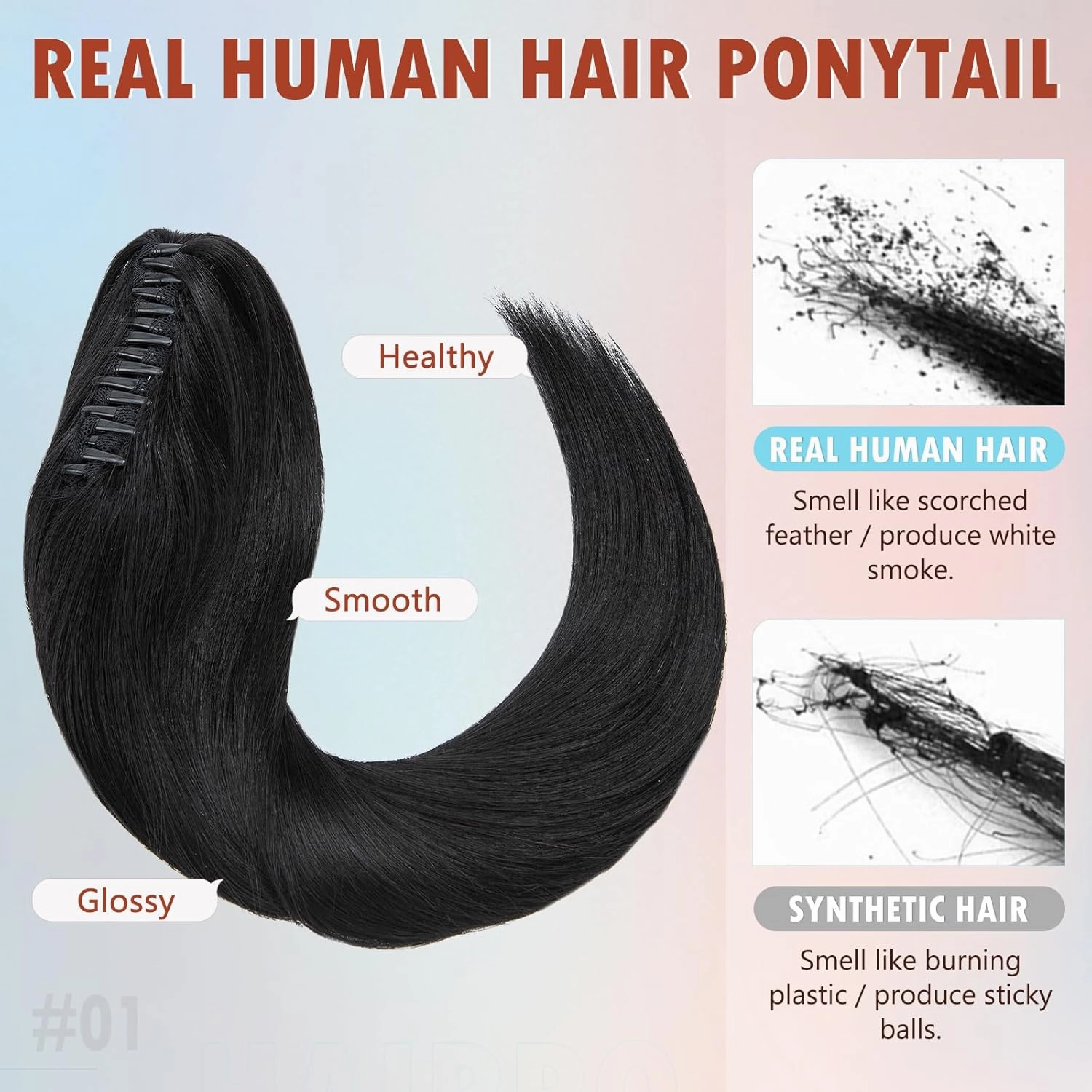 Hairro Ponytail Hair Extensions Claw Clip In Ponytails Jaw On Ponytail Extensions 100% Real Human Hair Long Straight Jaw/Claw Clips Pony Tail Hairpieces For Women 14 Inch 105g #01 Dark Black