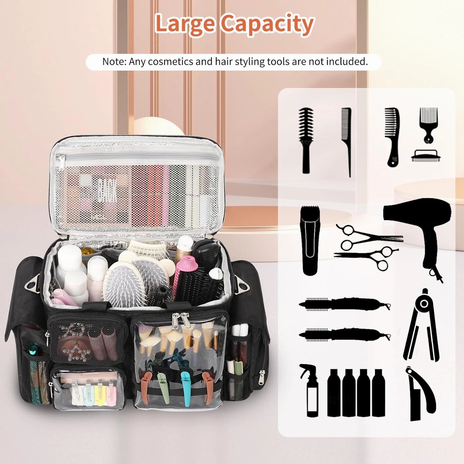 Hairstylist Travel Bag, Hair Tool Organizer with Adjustable Dividers, Hair Tools Travel Bag with Multi Pockets, Professional Hairdressing Organizer for Makeup Artists with Shoulder & Waist Straps