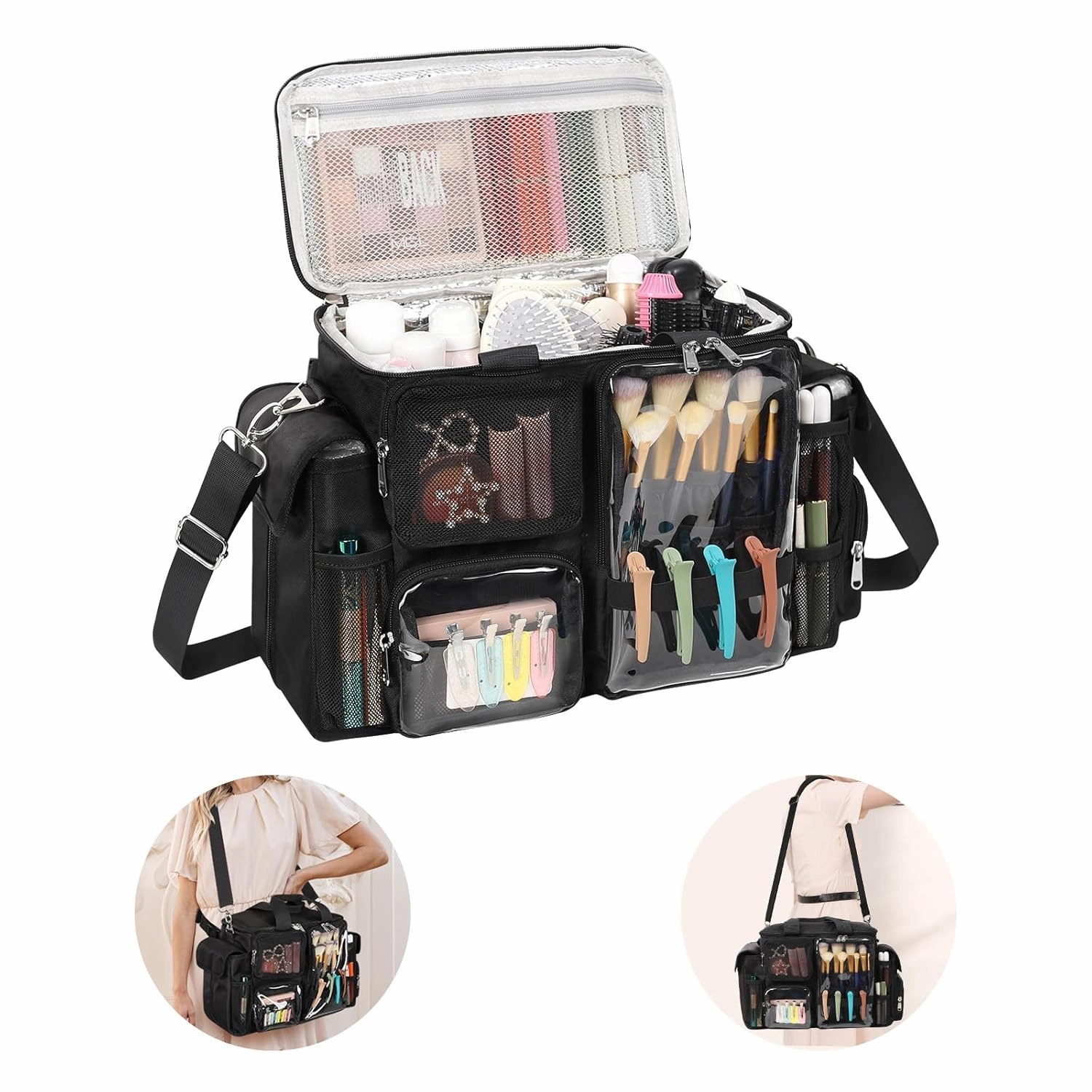 Hairstylist Travel Bag, Hair Tool Organizer with Adjustable Dividers, Hair Tools Travel Bag with Multi Pockets, Professional Hairdressing Organizer for Makeup Artists with Shoulder & Waist Straps