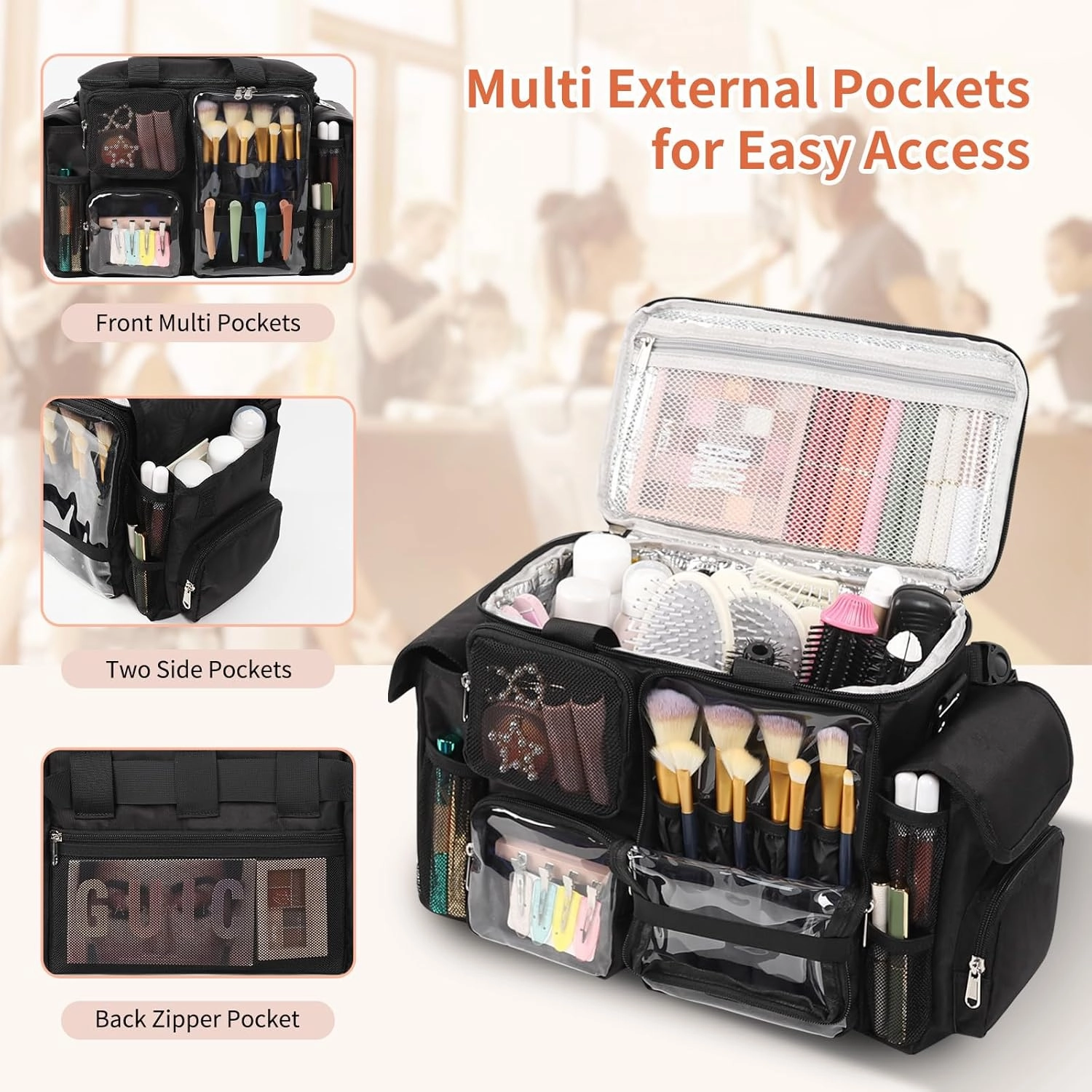 Hairstylist Travel Bag, Hair Tool Organizer with Adjustable Dividers, Hair Tools Travel Bag with Multi Pockets, Professional Hairdressing Organizer for Makeup Artists with Shoulder & Waist Straps