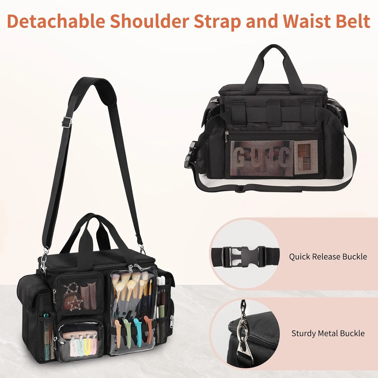 Hairstylist Travel Bag, Hair Tool Organizer with Adjustable Dividers, Hair Tools Travel Bag with Multi Pockets, Professional Hairdressing Organizer for Makeup Artists with Shoulder & Waist Straps