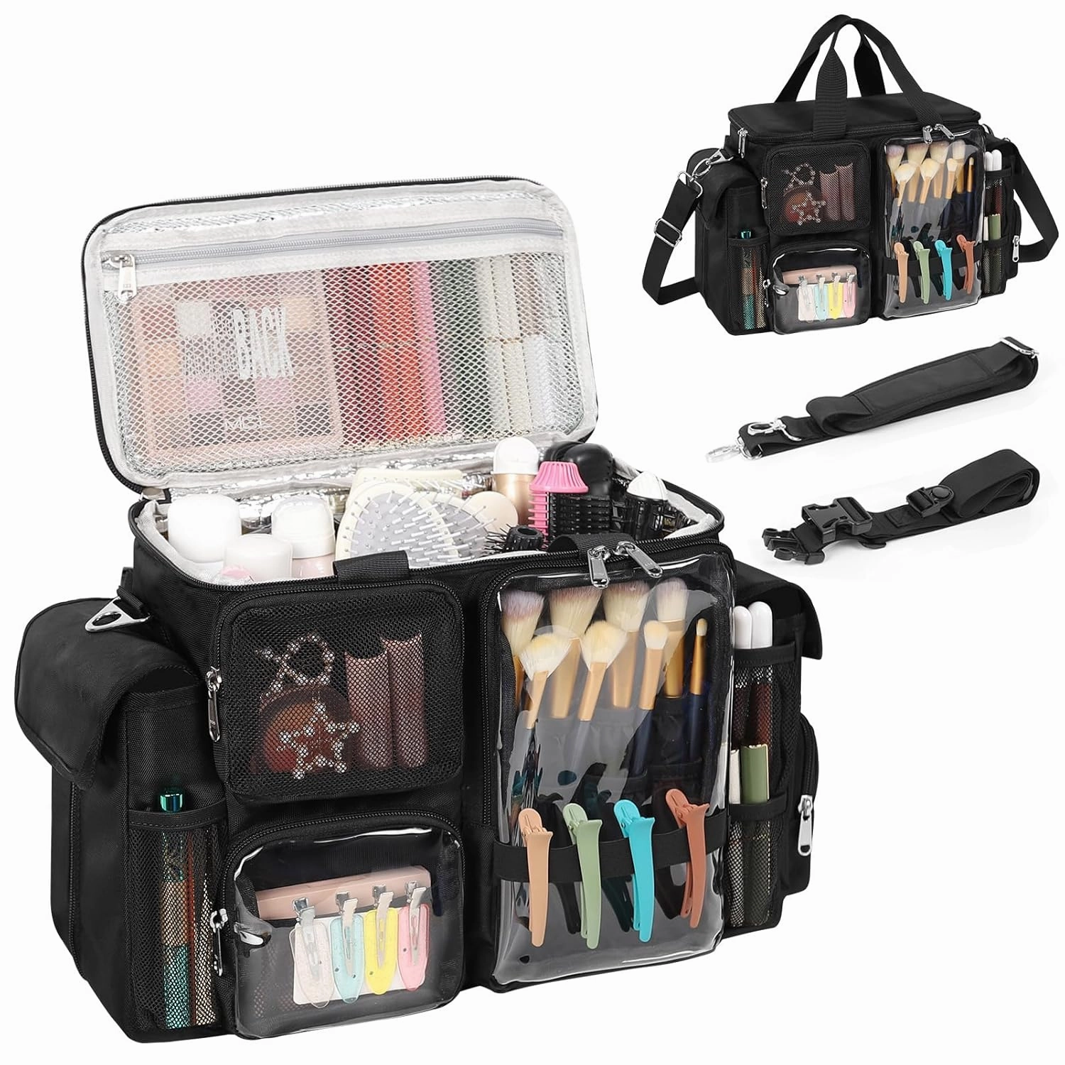 Hairstylist Travel Bag, Hair Tool Organizer with Adjustable Dividers, Hair Tools Travel Bag with Multi Pockets, Professional Hairdressing Organizer for Makeup Artists with Shoulder & Waist Straps