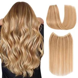 Halo Hair Extensions Real Human Hair, S-noilite Hair Halo Extensions for Women 16inch Golden Brown/Bleach Blonde Halo Extensions Invisible Wire HairExtensions