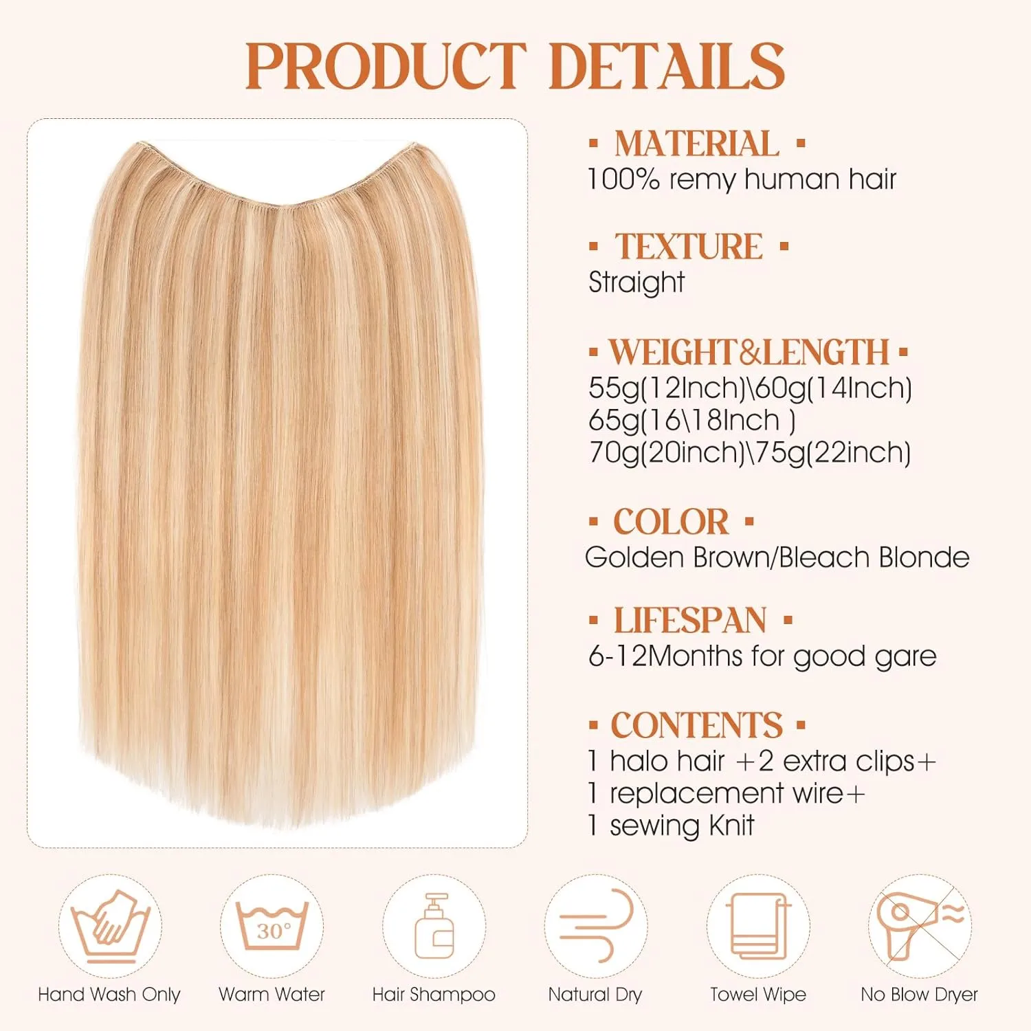Halo Hair Extensions Real Human Hair, S-noilite Hair Halo Extensions for Women 16inch Golden Brown/Bleach Blonde Halo Extensions Invisible Wire HairExtensions