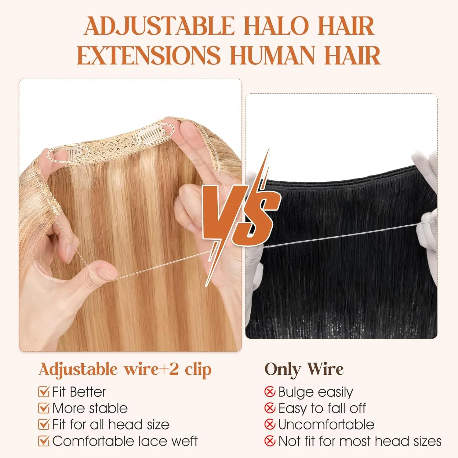 Halo Hair Extensions Real Human Hair, S-noilite Hair Halo Extensions for Women 16inch Golden Brown/Bleach Blonde Halo Extensions Invisible Wire HairExtensions