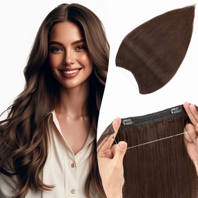 Halo Hair Extensions Straight, 100% Real Human Hair, Invisible Wire Extensions for Women,65g,16 Inch,#02 Dark Brown