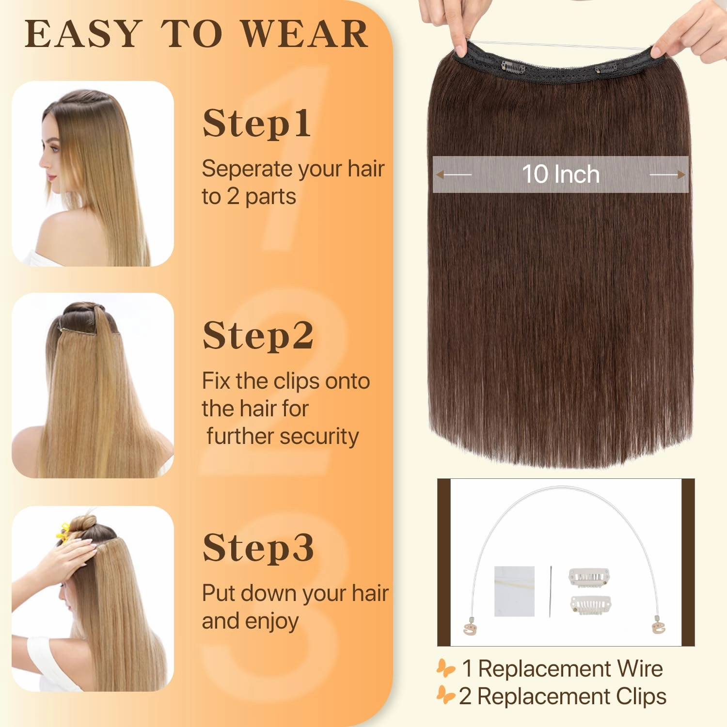Halo Hair Extensions Straight, 100% Real Human Hair, Invisible Wire Extensions for Women,65g,16 Inch,#02 Dark Brown