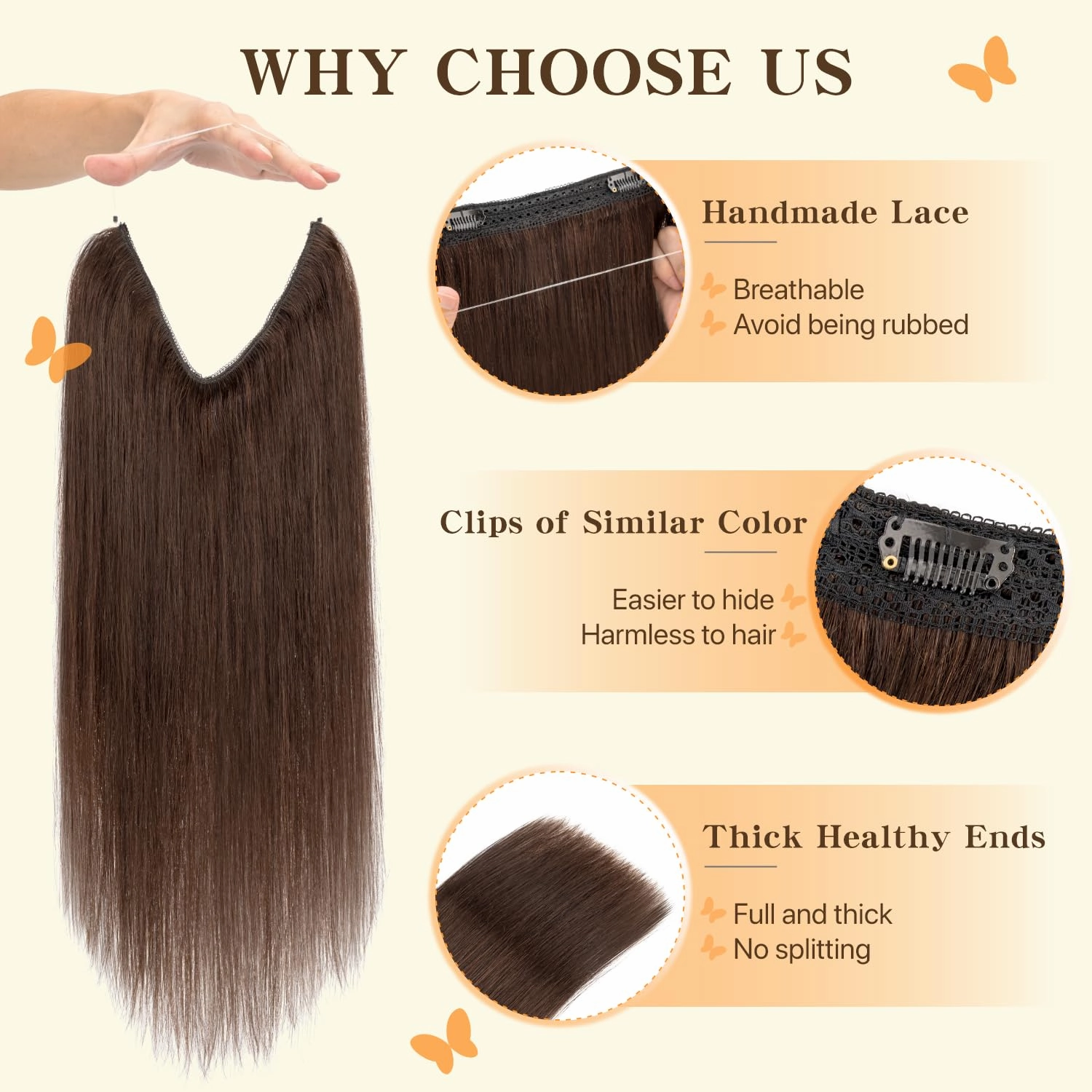 Halo Hair Extensions Straight, 100% Real Human Hair, Invisible Wire Extensions for Women,65g,16 Inch,#02 Dark Brown