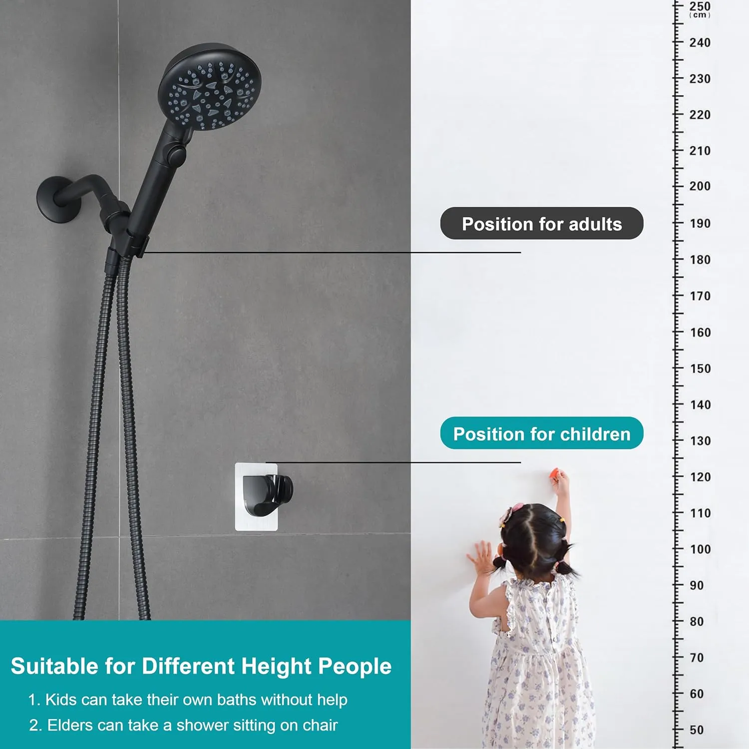 Handheld Shower Head with On Off Switch,8-mode High Pressure Shower Wand with Long Hose and Bracket Extra Adhesive Holder for Lower Mount,Built-in Power Wash to Clean Tub,Tile & Pets,Black…