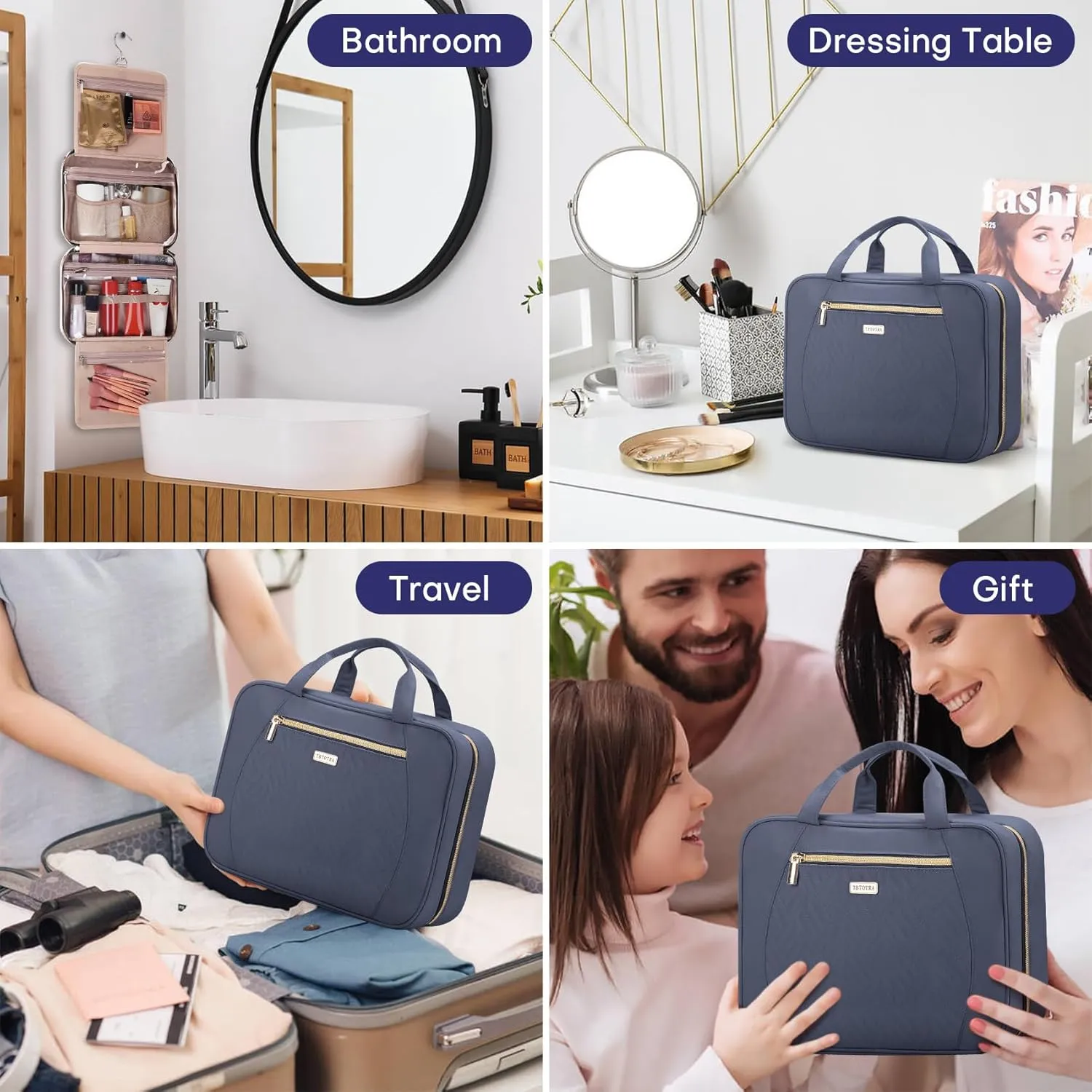Hanging Toiletry Bag for Women Travel, 2 Sizes Large & Small Waterproof Cosmetic Organizer with 4 Compartments, Rotating Hook, Foldable Pink Travel Bag for Toiletries & Makeup Medium Grey Blue