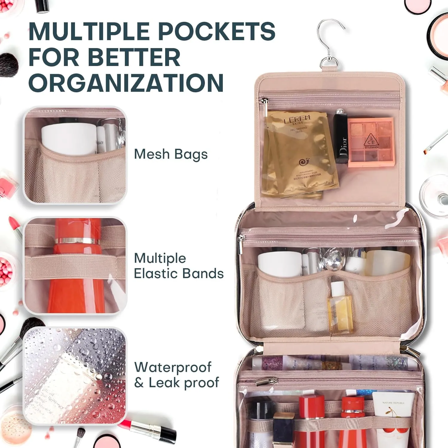 Hanging Toiletry Bag for Women Travel, 2 Sizes Large & Small Waterproof Cosmetic Organizer with 4 Compartments, Rotating Hook, Foldable Pink Travel Bag for Toiletries & Makeup Medium Lake Blue