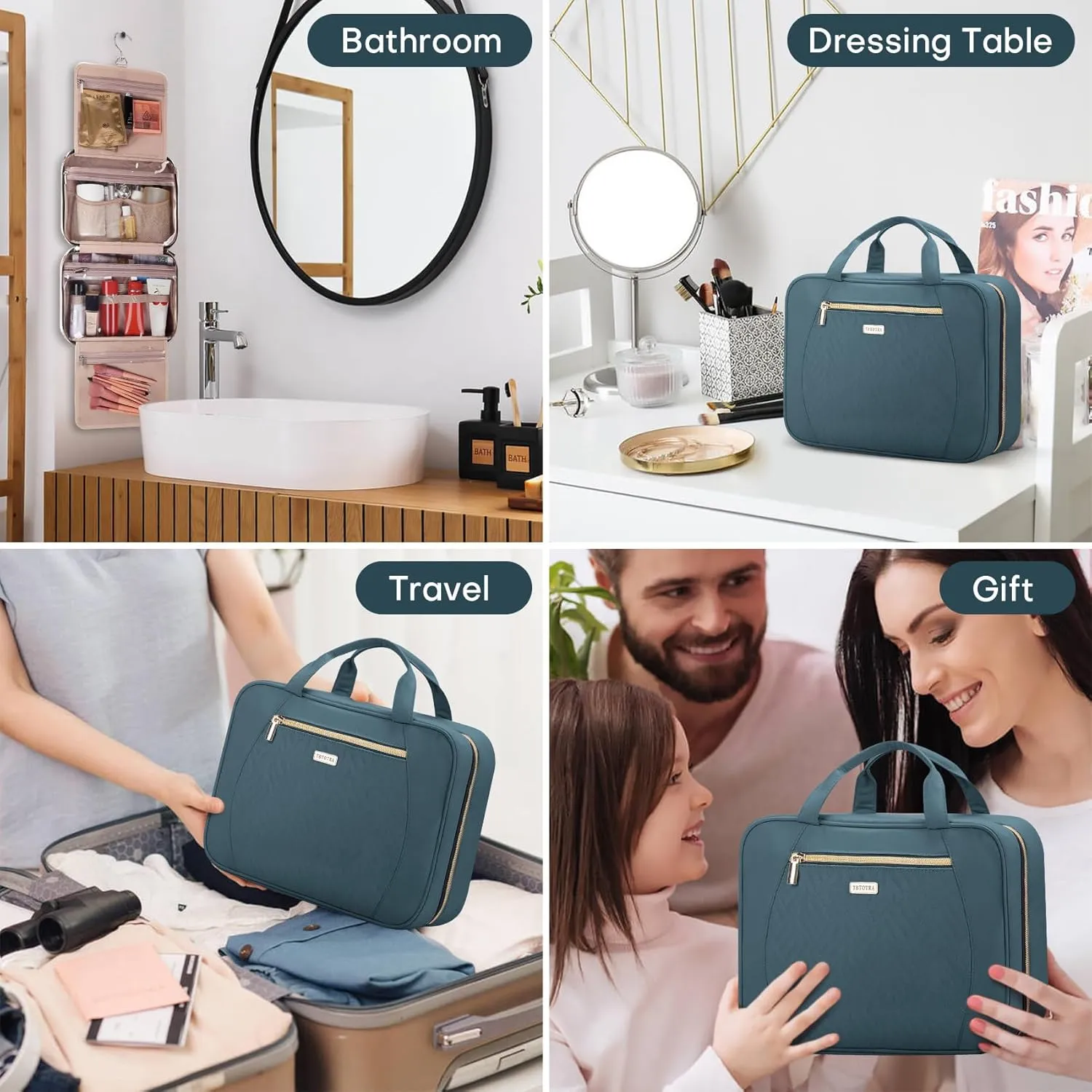 Hanging Toiletry Bag for Women Travel, 2 Sizes Large & Small Waterproof Cosmetic Organizer with 4 Compartments, Rotating Hook, Foldable Pink Travel Bag for Toiletries & Makeup Medium Lake Blue