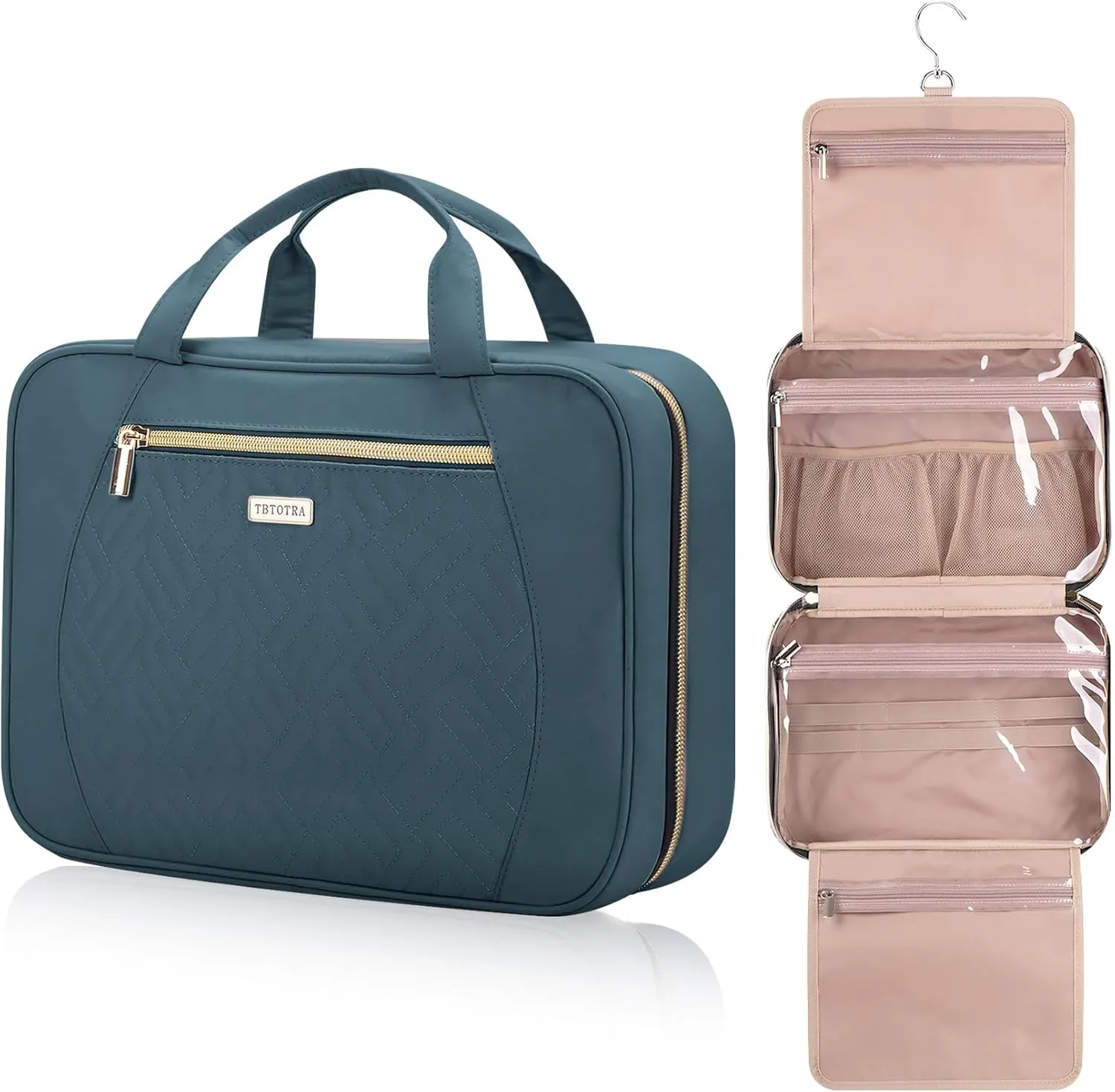 Hanging Toiletry Bag for Women Travel, 2 Sizes Large & Small Waterproof Cosmetic Organizer with 4 Compartments, Rotating Hook, Foldable Pink Travel Bag for Toiletries & Makeup Medium Lake Blue