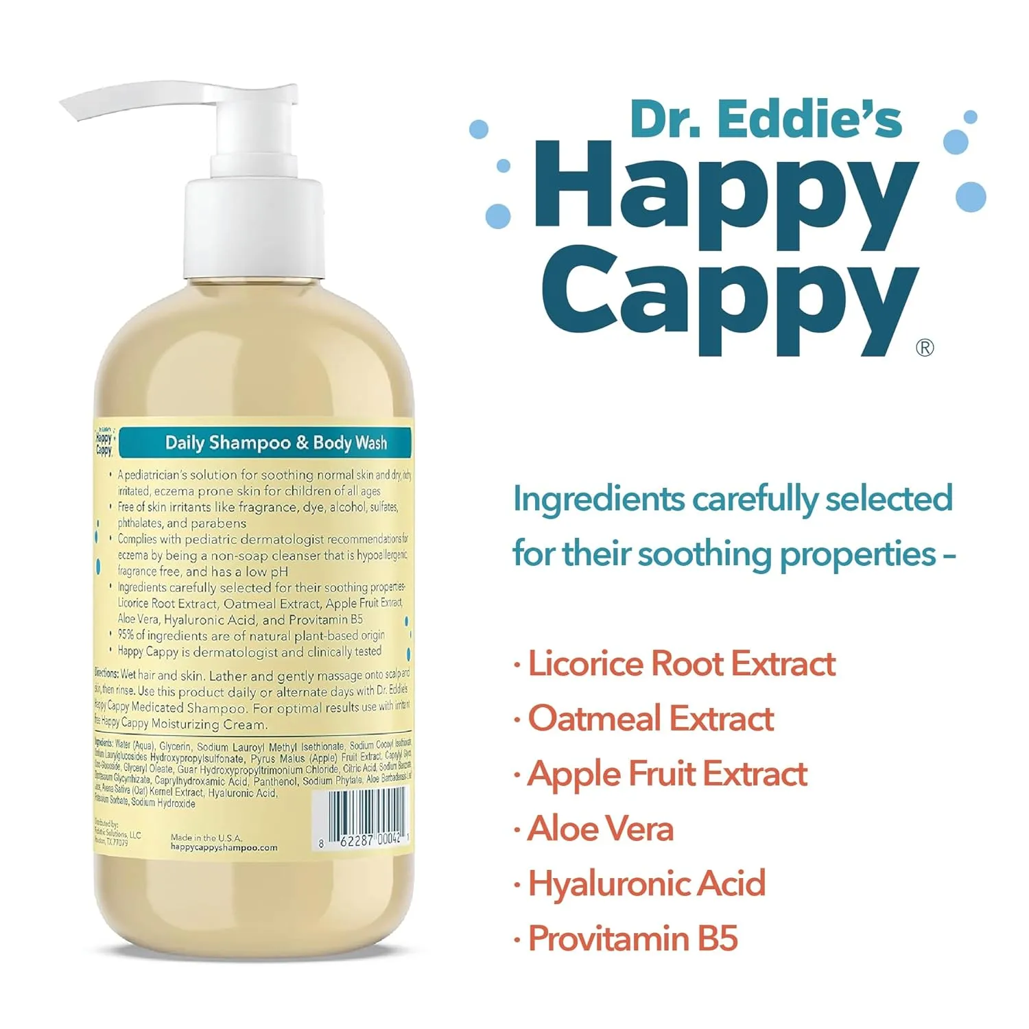 Happy Cappy Baby Shampoo and Body Wash - Eczema Body Wash for Kids, Toddler, Adults, Helps with Dryness, Reduces Itching, Irritation, and Redness, Dermatologist Tested, Fragrance Free - 8 Fl Oz