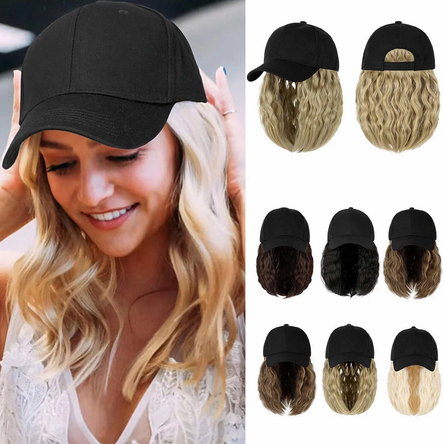 Hat Wig for Women Baseball Cap with Hair Extensions Adjustable Hat Attached 15" Short Curly Hairpieces Synthetic Wig Ash Blonde