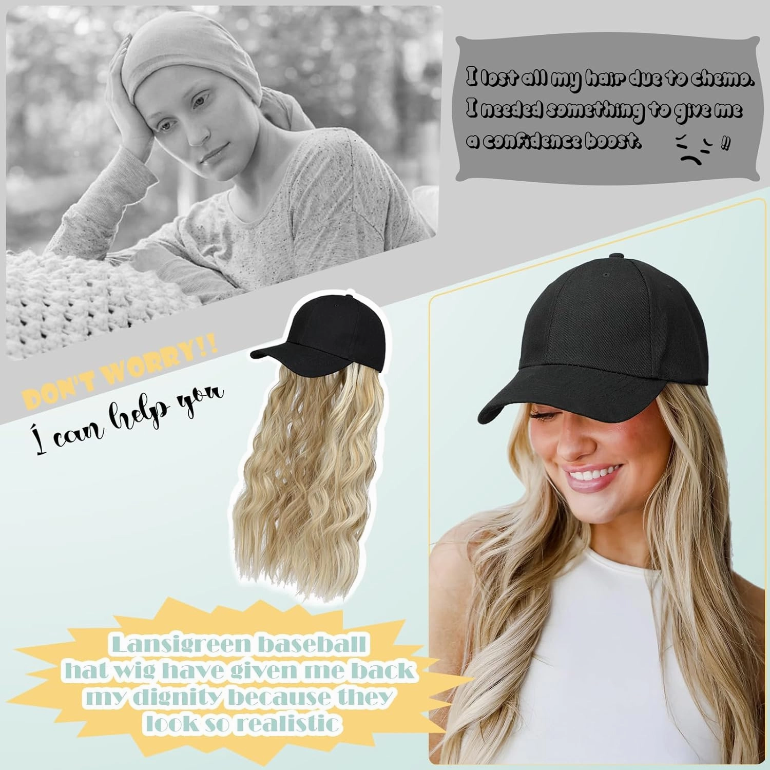 Hat Wig for Women Baseball Cap with Hair Extensions Adjustable Hat Attached 15" Short Curly Hairpieces Synthetic Wig Ash Blonde