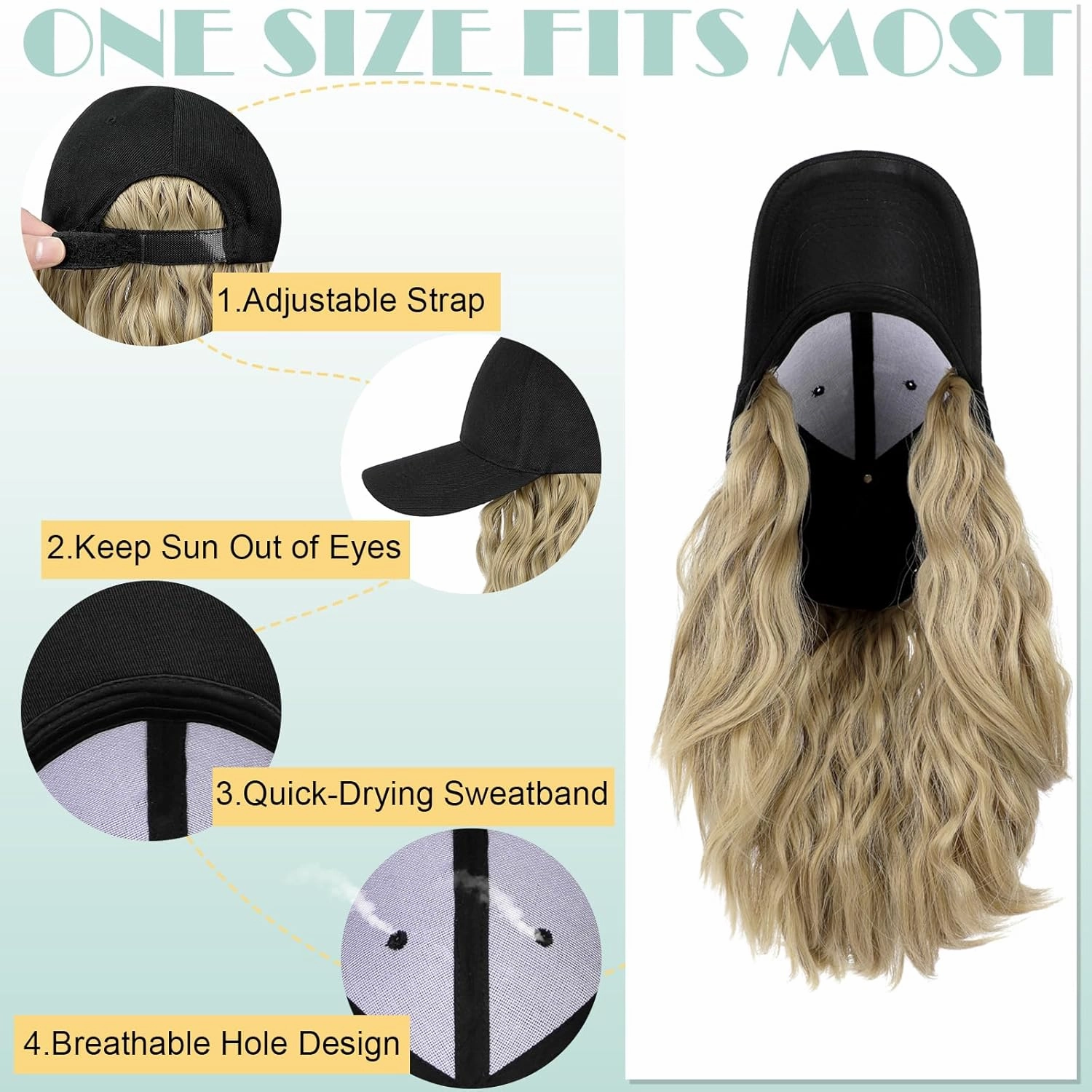 Hat Wig for Women Baseball Cap with Hair Extensions Adjustable Hat Attached 15" Short Curly Hairpieces Synthetic Wig Ash Blonde
