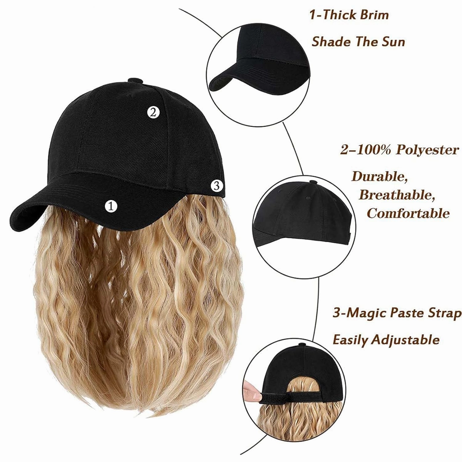 Hat Wig for Women Short Wave Baseball Cap Wig with Curly Synthetic Hair Extensions 14inch Wavy Curly Bob wig Sun hat
