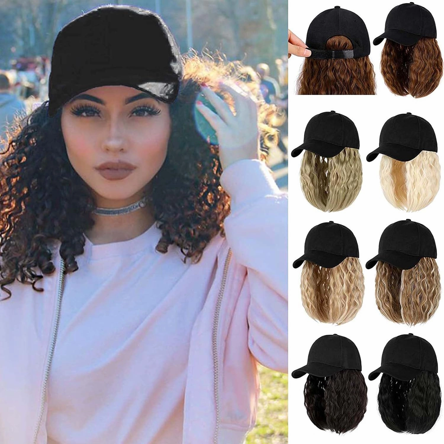 Hat Wig for Women Short Wave Baseball Cap Wig with Curly Synthetic Hair Extensions 14inch Wavy Curly Bob wig Sun hat