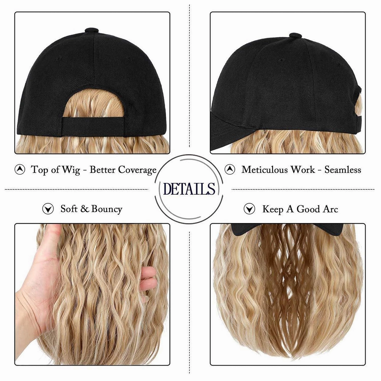Hat Wig for Women Short Wave Baseball Cap Wig with Curly Synthetic Hair Extensions 14inch Wavy Curly Bob wig Sun hat