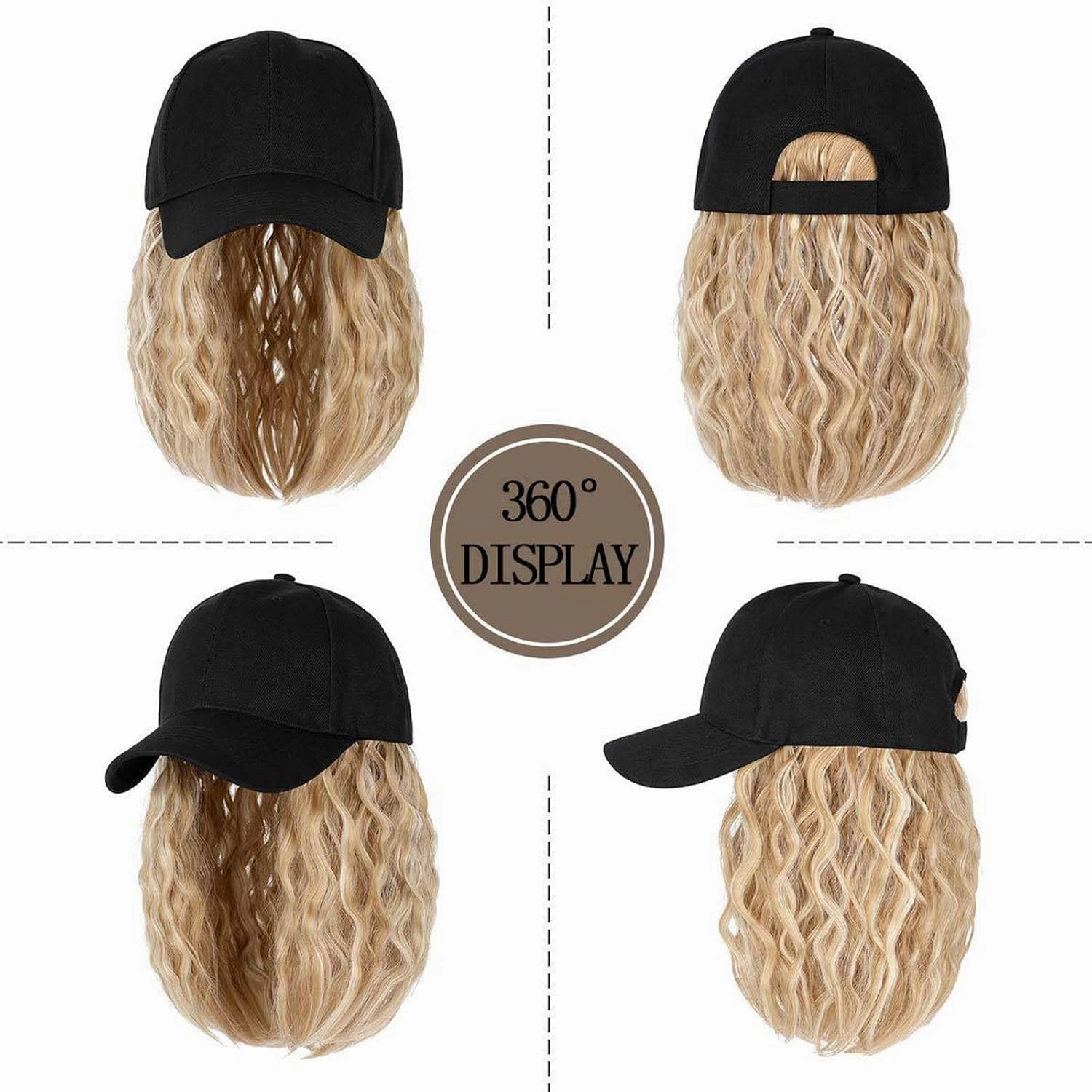Hat Wig for Women Short Wave Baseball Cap Wig with Curly Synthetic Hair Extensions 14inch Wavy Curly Bob wig Sun hat