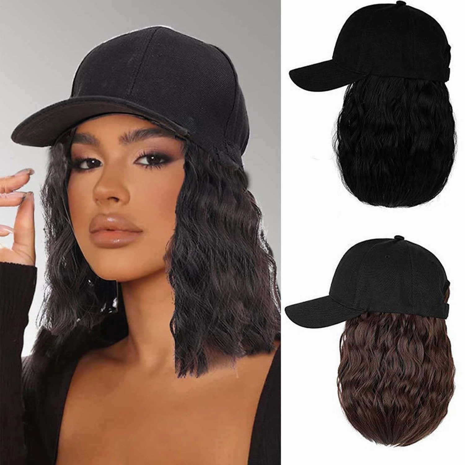 Hat Wig for Women Short Wave Baseball Cap Wig with Curly Synthetic Hair Extensions 14inch Wavy Curly Bob Wig Sun hat
