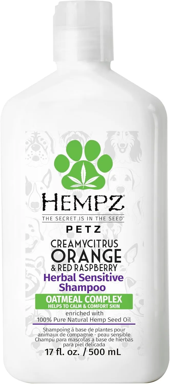 Hempz Petz, Sensitive Dog Shampoo, Oatmeal Complex to Soothe, Creamy Citrus Orange & Red Raspberry Herbal Sensitive Shampoo 17 oz.