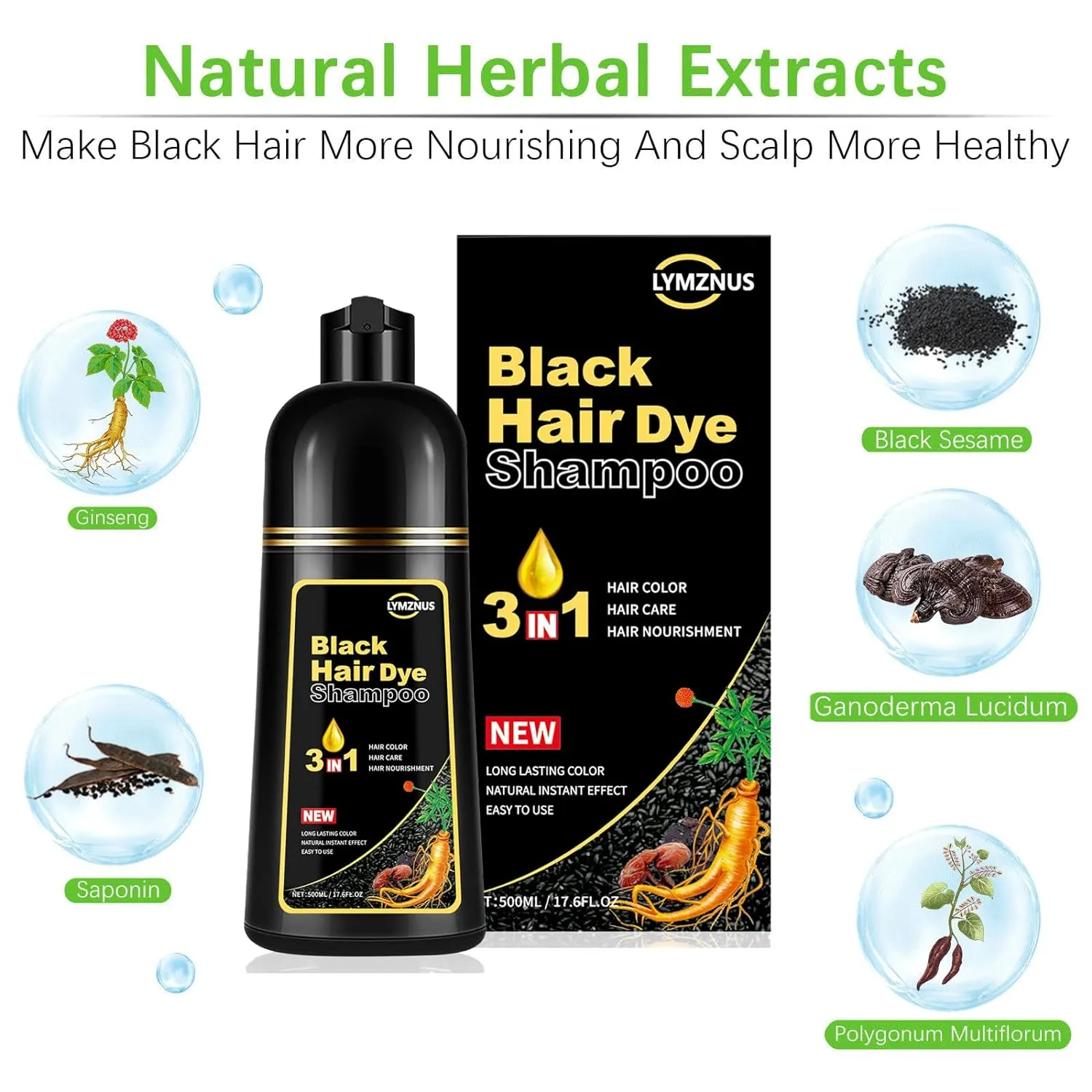 Herbal Black Hair Dye Shampoo 3 in 1 for Gray Hair, Instant Hair Color Shampoo for Women & Men, Black Hair Shampoo for 100% Grey Coverage 500ML
