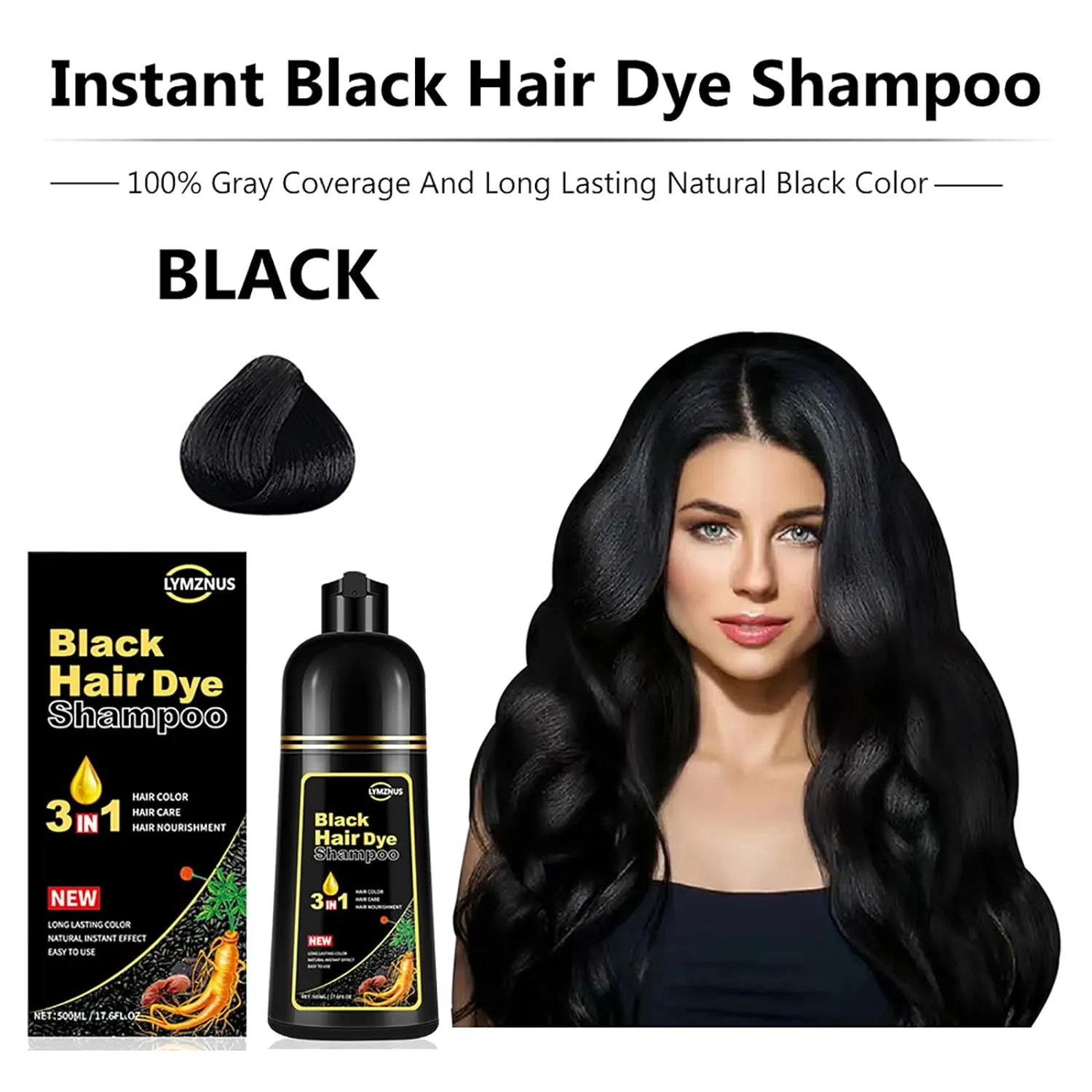 Herbal Black Hair Dye Shampoo 3 in 1 for Gray Hair, Instant Hair Color Shampoo for Women & Men, Black Hair Shampoo for 100% Grey Coverage 500ML