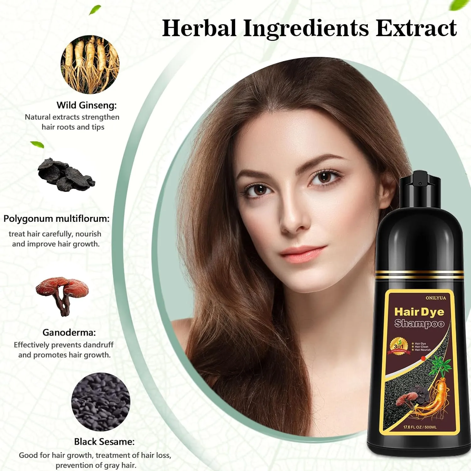 Herbal Light Brown Hair Color Shampoo - 3 in 1 Lasting Hair Dye for Women & Men, 17.60 Fl Oz