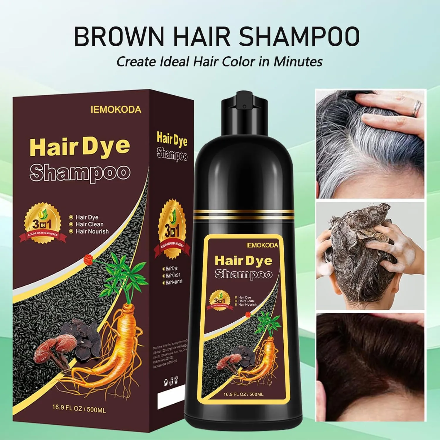 Herbal Light Brown Hair Color Shampoo - 3 in 1 Lasting Hair Dye for Women & Men, 17.60 Fl Oz