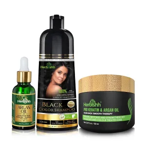 Herbishh After Color Shampoo Combo Contains Hair Color Shampoo Hair Dye 500ml Argan Oil 30ml Pro Keratin And Argan Hair Mask For Hair Straightening, Shine And Protection For Men And Women (Black)