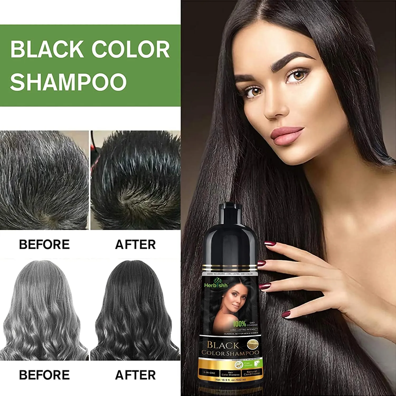 Herbishh After Color Shampoo Combo Contains Hair Color Shampoo Hair Dye 500ml Argan Oil 30ml Pro Keratin And Argan Hair Mask For Hair Straightening, Shine And Protection For Men And Women (Black)