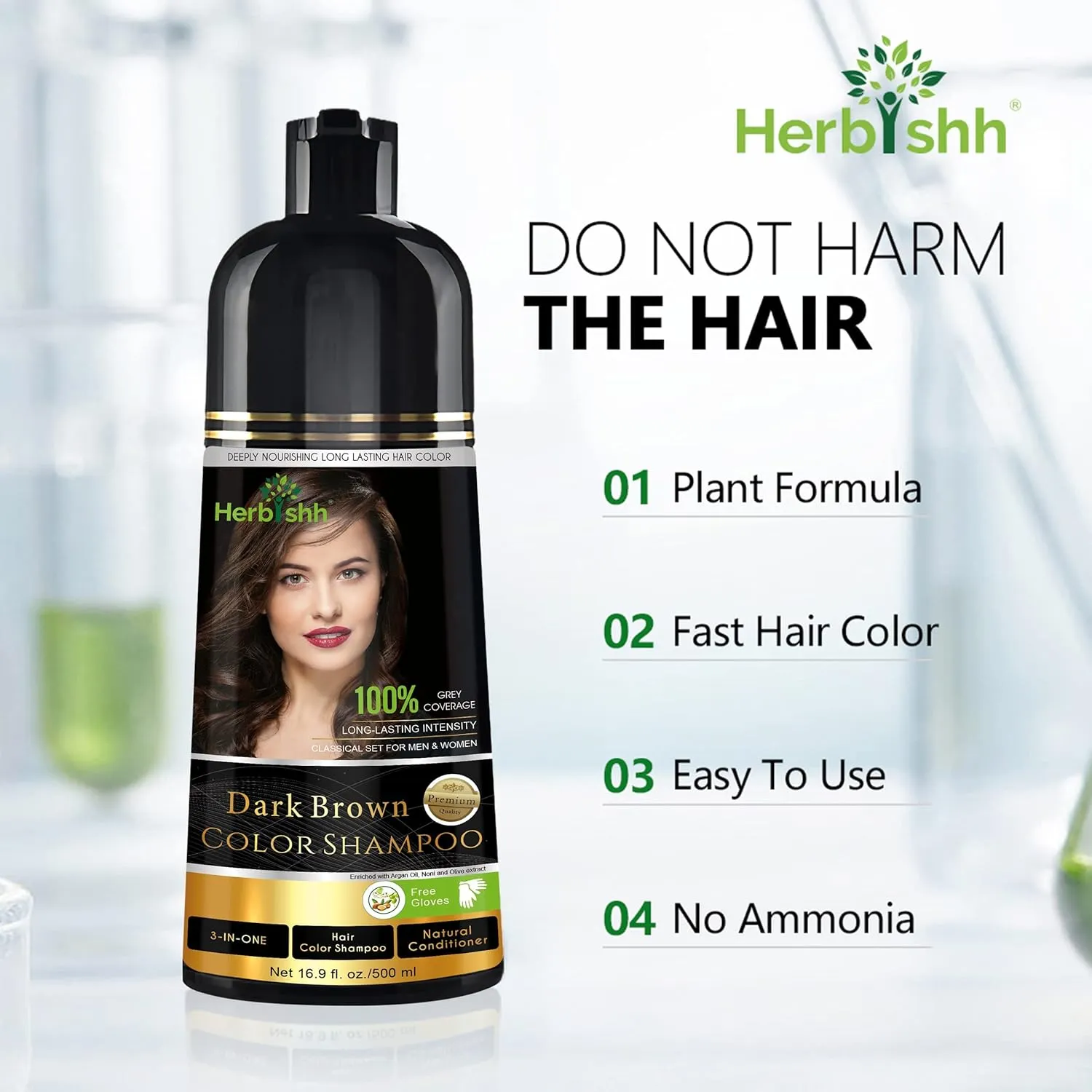 Herbishh Hair Color Shampoo - Magic Dye for Gray Hair, Lasting Color in Minutes - 500 Ml, 3-In-1, Ammonia-Free (Dark Brown)