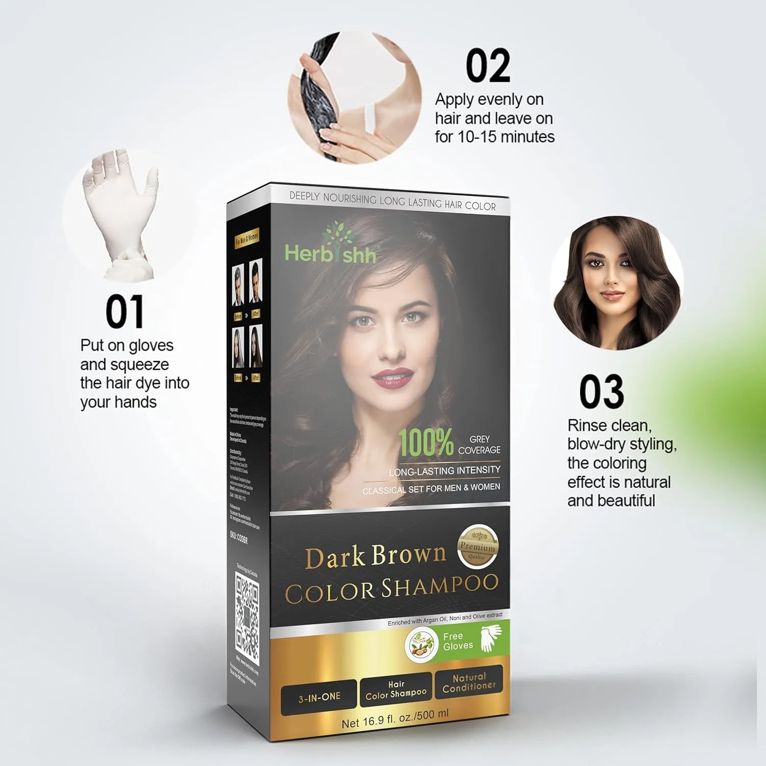 Herbishh Hair Color Shampoo - Magic Dye for Gray Hair, Lasting Color in Minutes - 500 Ml, 3-In-1, Ammonia-Free (Dark Brown)