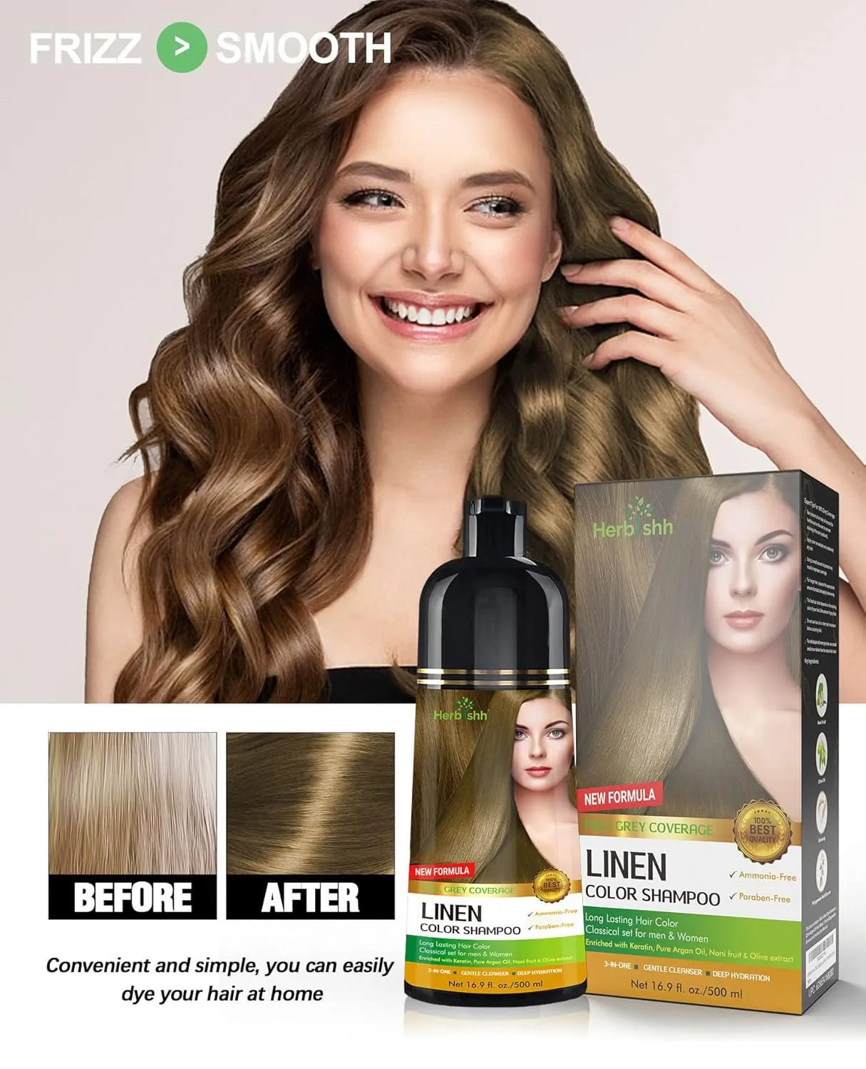 Herbishh Hair Color Shampoo - Magic Gray Hair Dye, Long-Lasting 3-in-1 Coloring Formula, 500ml, Ammonia-Free (Linen)