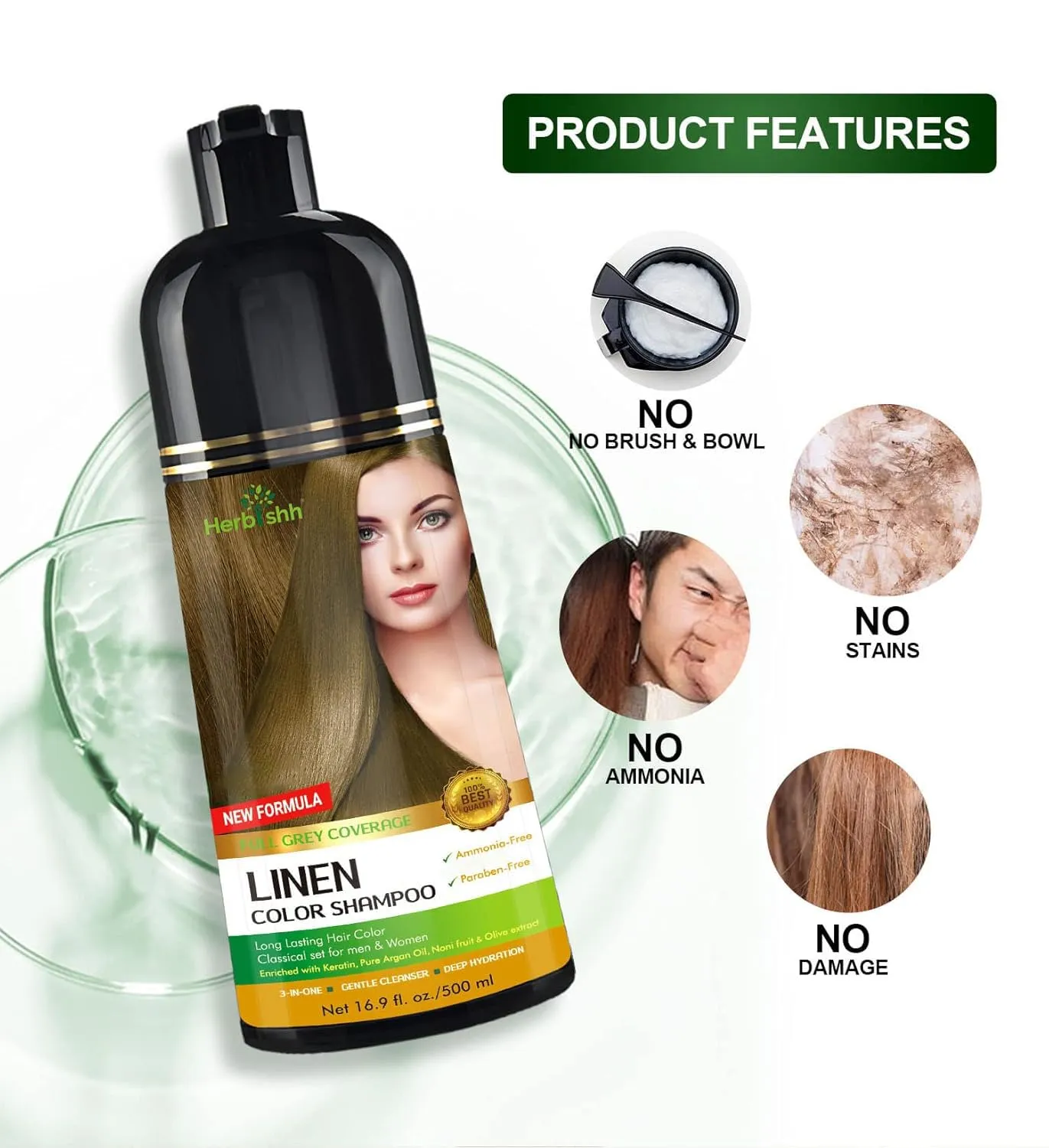 Herbishh Hair Color Shampoo - Magic Gray Hair Dye, Long-Lasting 3-in-1 Coloring Formula, 500ml, Ammonia-Free (Linen)