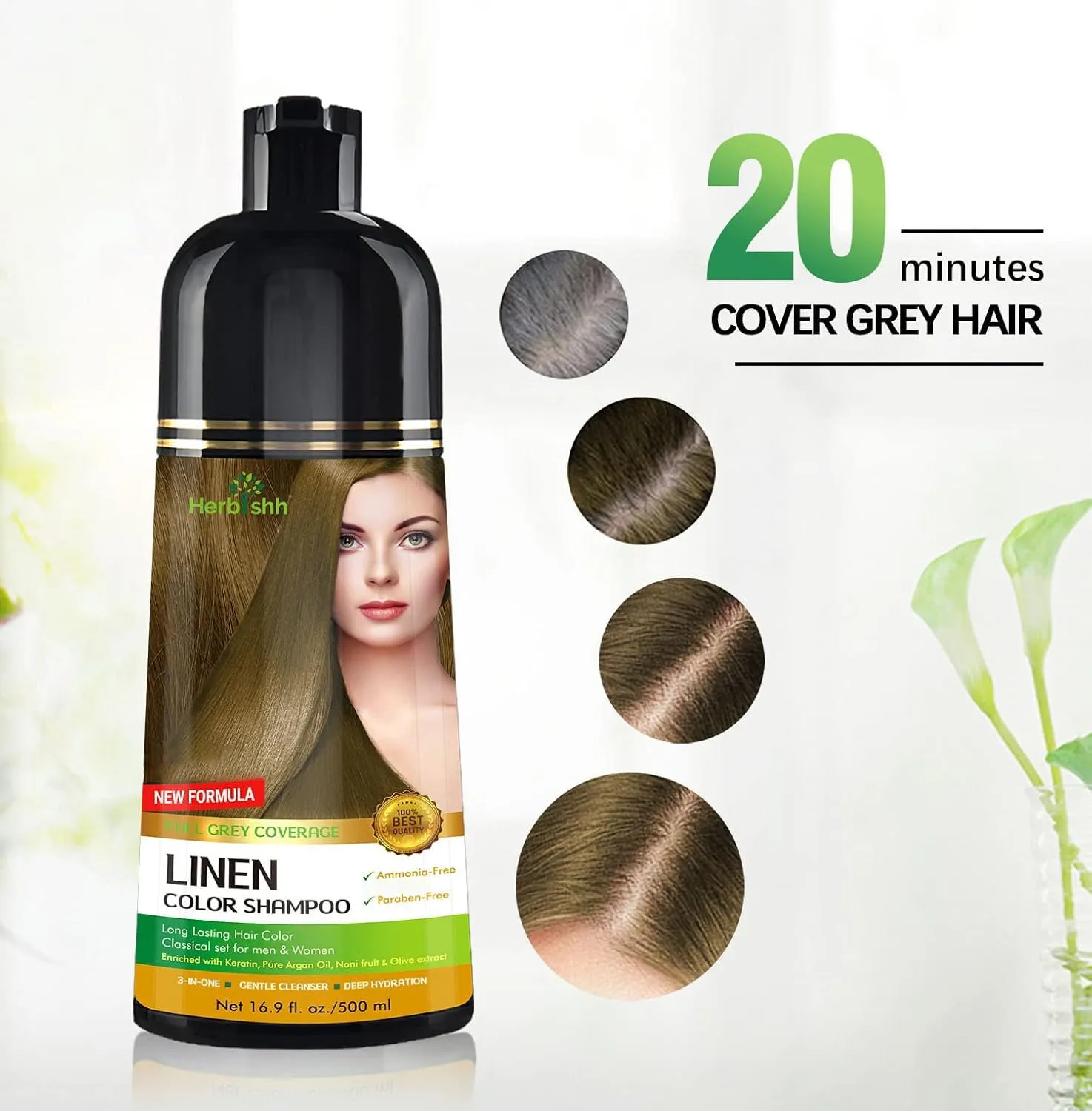 Herbishh Hair Color Shampoo - Magic Gray Hair Dye, Long-Lasting 3-in-1 Coloring Formula, 500ml, Ammonia-Free (Linen)