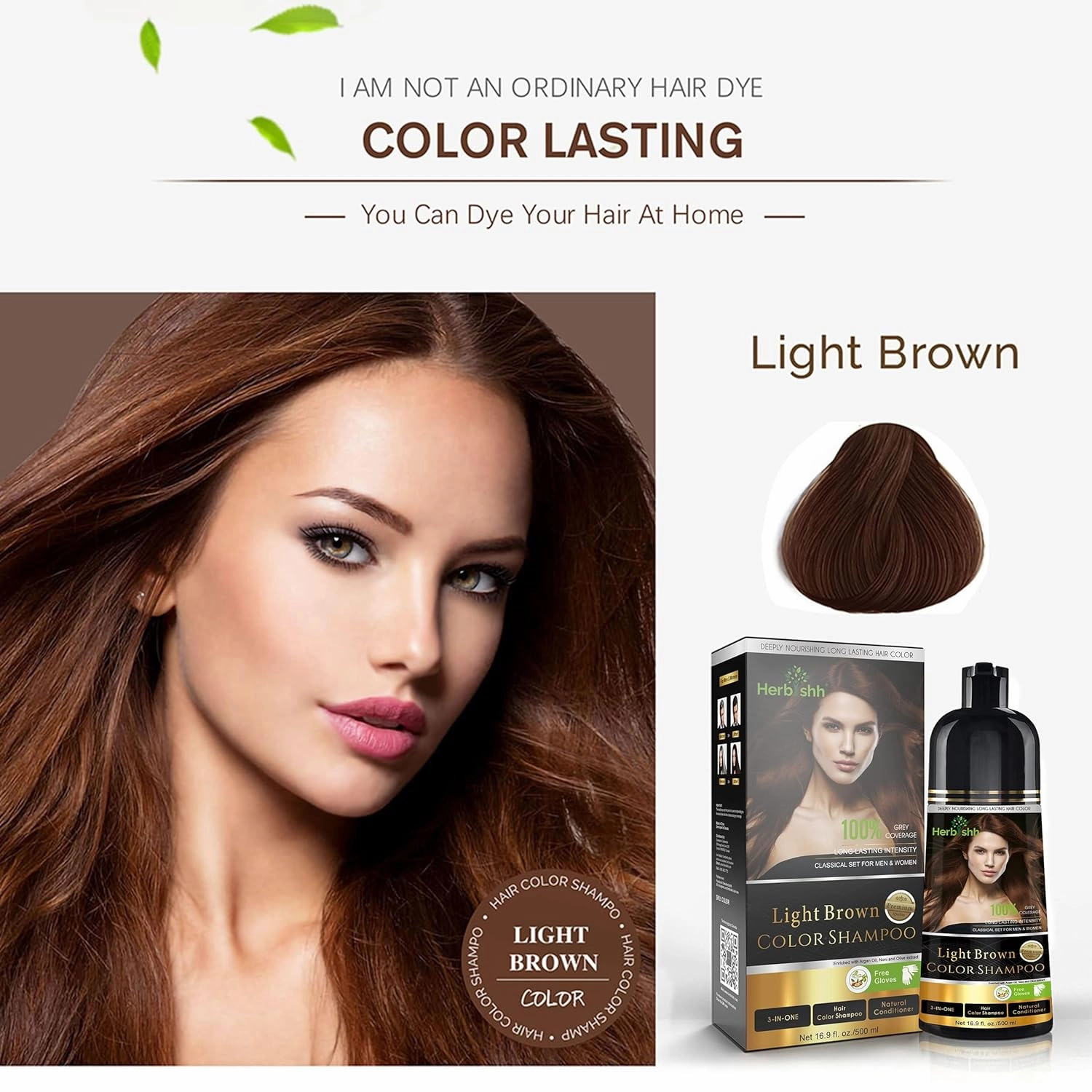 Herbishh 3-In-1 Magic Hair Dye Shampoo for Gray Hair - Light Brown, 500 Ml, Ammonia-Free, Long Lasting, Colors Hair in Minutes,Unisex