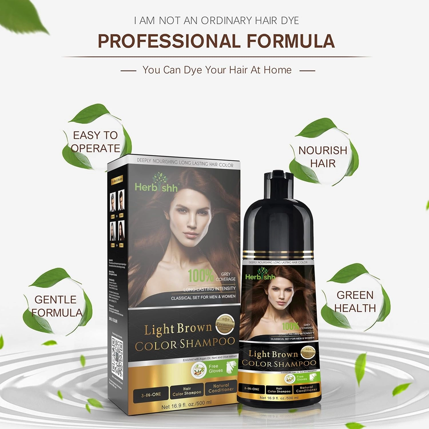 Herbishh 3-In-1 Magic Hair Dye Shampoo for Gray Hair - Light Brown, 500 Ml, Ammonia-Free, Long Lasting, Colors Hair in Minutes,Unisex