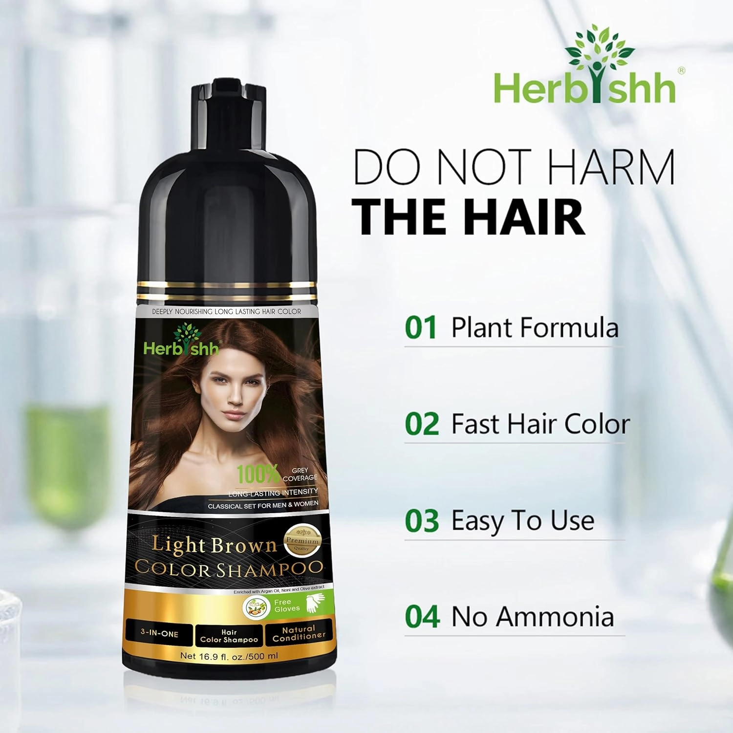 Herbishh 3-In-1 Magic Hair Dye Shampoo for Gray Hair - Light Brown, 500 Ml, Ammonia-Free, Long Lasting, Colors Hair in Minutes,Unisex
