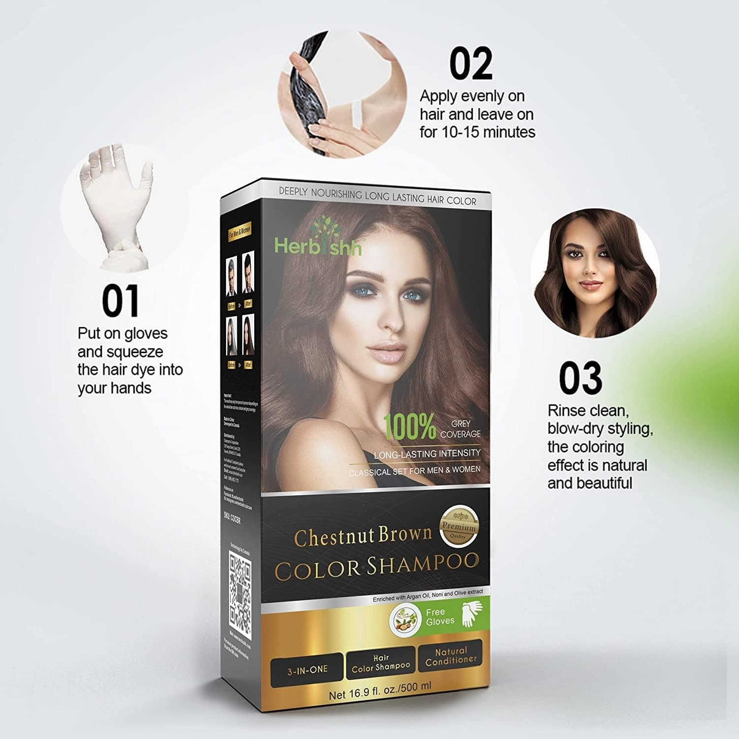Herbishh After Color Shampoo Combo Contains Hair Color Shampoo Hair Dye 500ml Argan Oil Pro Keratin And Argan Hair Mask For Hair Straightening, Shine and Protection For Men And Women (Chestnut Brown)