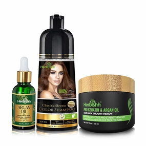 Herbishh After Color Shampoo Combo Contains Hair Color Shampoo Hair Dye 500ml Argan Oil Pro Keratin And Argan Hair Mask For Hair Straightening, Shine and Protection For Men And Women (Chestnut Brown)