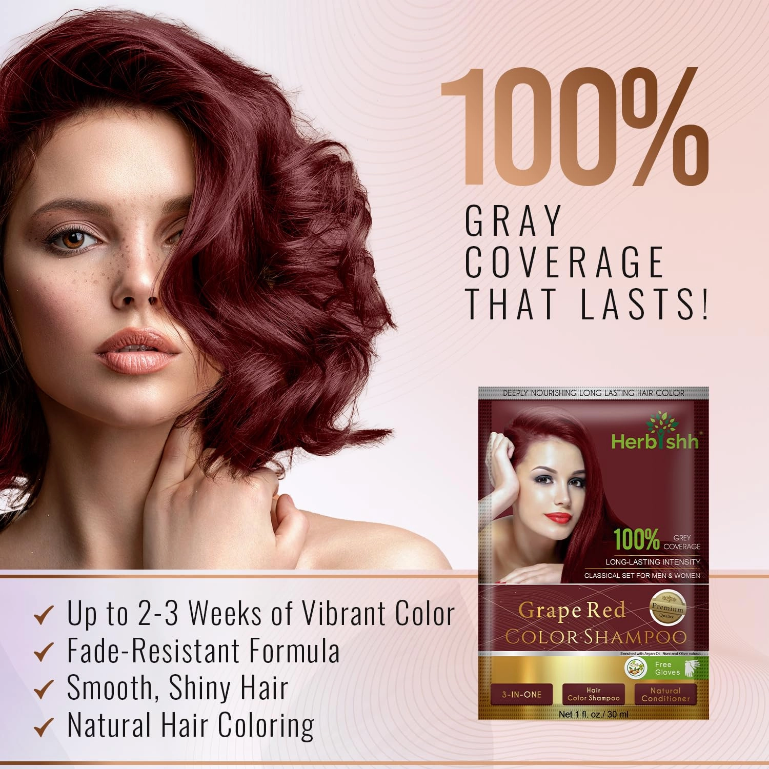 Herbishh Argan Hair Mask Shampoo - Natural Hair Dye for Gray Hair - Long-Lasting Color in Minutes - Travel Size - Ammonia-Free - 10 1 Pack (Grape Red)