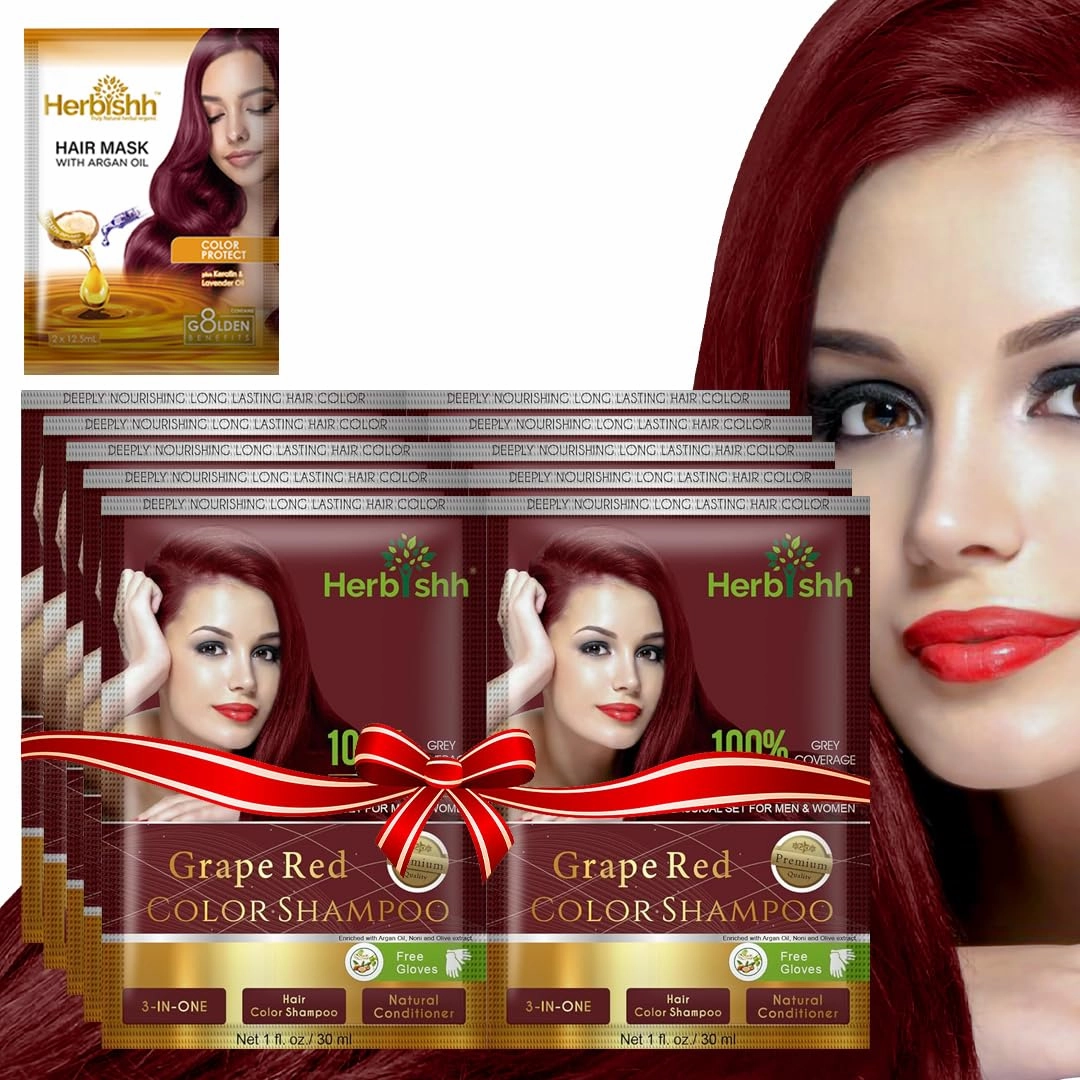 Herbishh Argan Hair Mask Shampoo - Natural Hair Dye for Gray Hair - Long-Lasting Color in Minutes - Travel Size - Ammonia-Free - 10 1 Pack (Grape Red)