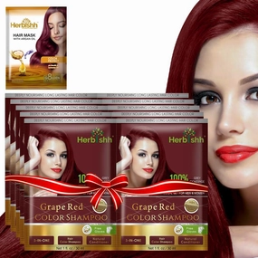 Herbishh Argan Hair Mask Shampoo - Natural Hair Dye for Gray Hair - Long-Lasting Color in Minutes - Travel Size - Ammonia-Free - 10 1 Pack (Grape Red)