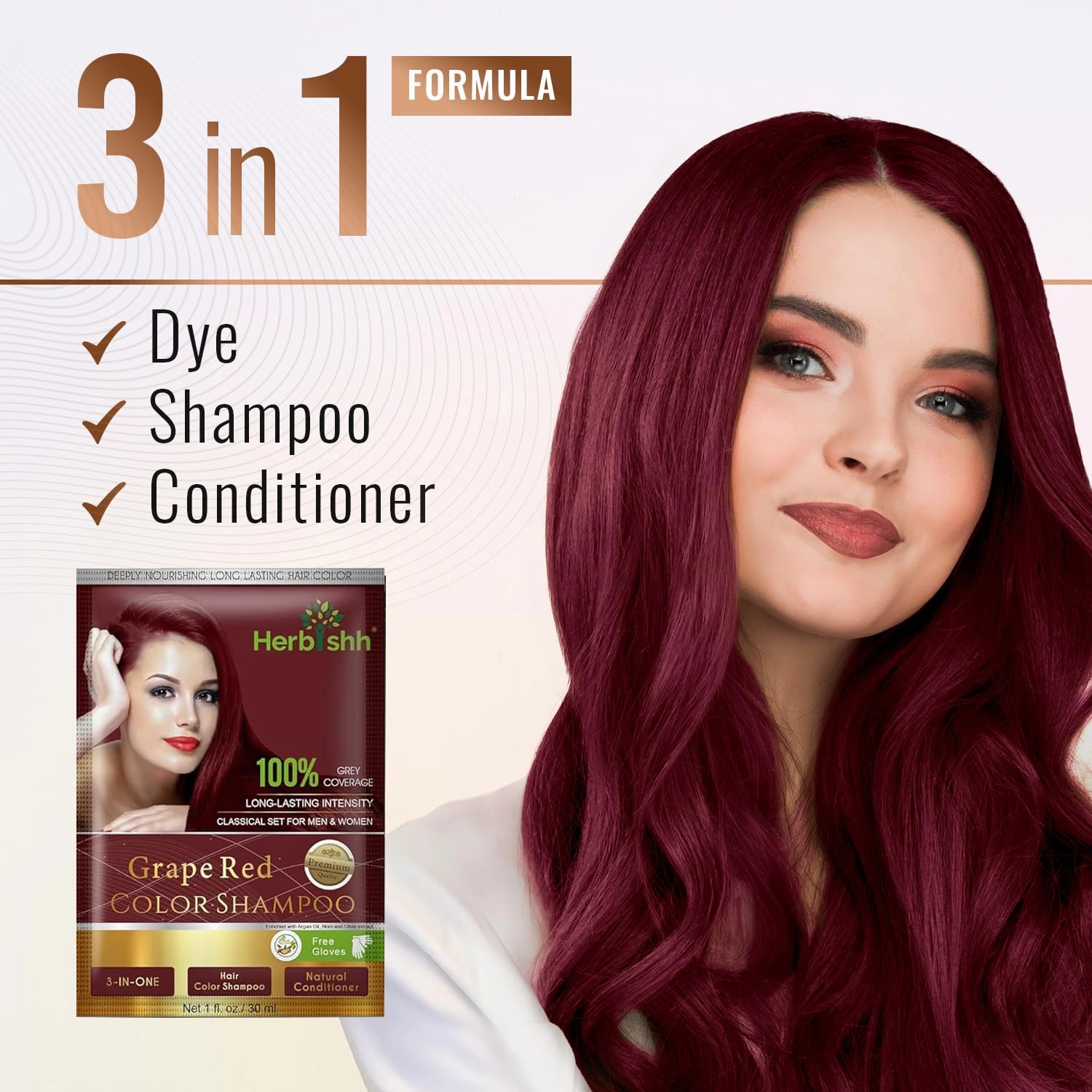 Herbishh Argan Hair Mask Shampoo - Natural Hair Dye for Gray Hair - Long-Lasting Color in Minutes - Travel Size - Ammonia-Free - 10 1 Pack (Grape Red)