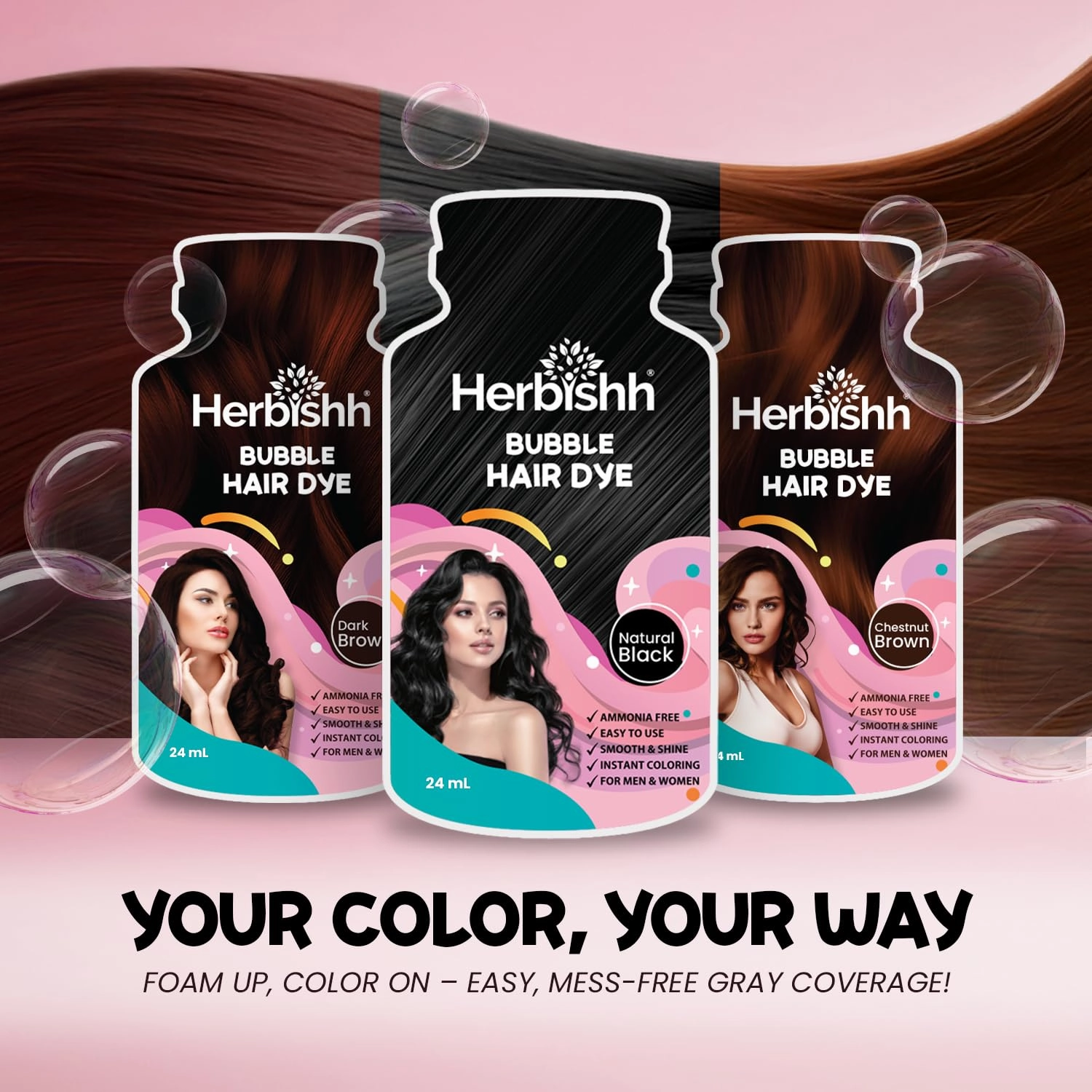 Herbishh Bubble Foam Hair Dye Shampoo, 3 in 1 Dye for 100% Grey Coverage, Permanent & Instant Hair Coloring for Men & Women, Long-lasting & Travel-friendly, Ammonia-free, 10 Sachet x 24 ml (Black)