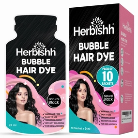 Herbishh Bubble Foam Hair Dye Shampoo, 3 in 1 Dye for 100% Grey Coverage, Permanent & Instant Hair Coloring for Men & Women, Long-lasting & Travel-friendly, Ammonia-free, 10 Sachet x 24 ml (Black)